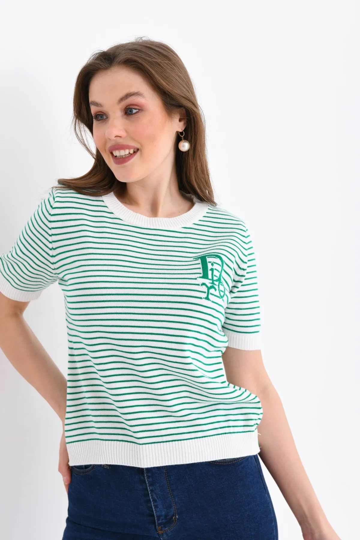 Kadın Bisiklet Yaka Çizgi Desenli triko Kazak 10150