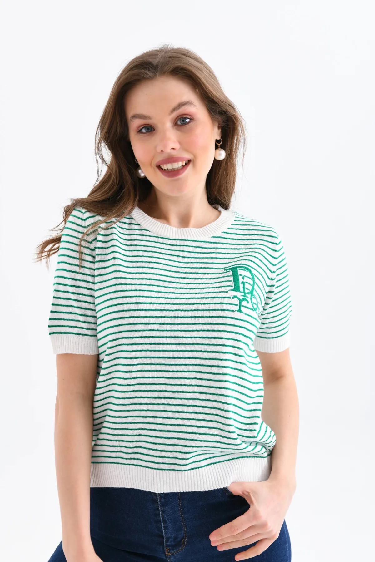 Kadın Bisiklet Yaka Çizgi Desenli triko Kazak 10150