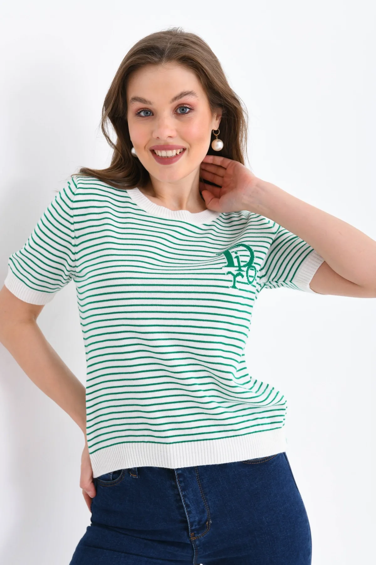 Kadın Bisiklet Yaka Çizgi Desenli triko Kazak 10150