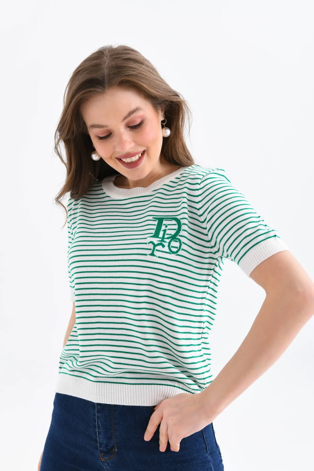 Kadın Bisiklet Yaka Çizgi Desenli triko Kazak 10150