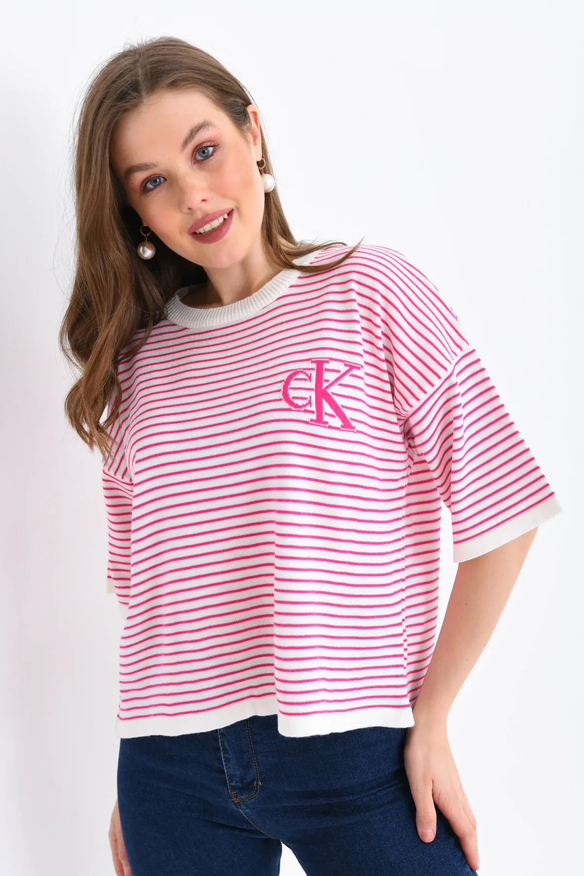 Kadın Bisiklet Yaka Çizgili Oversize Triko Kazak 10160