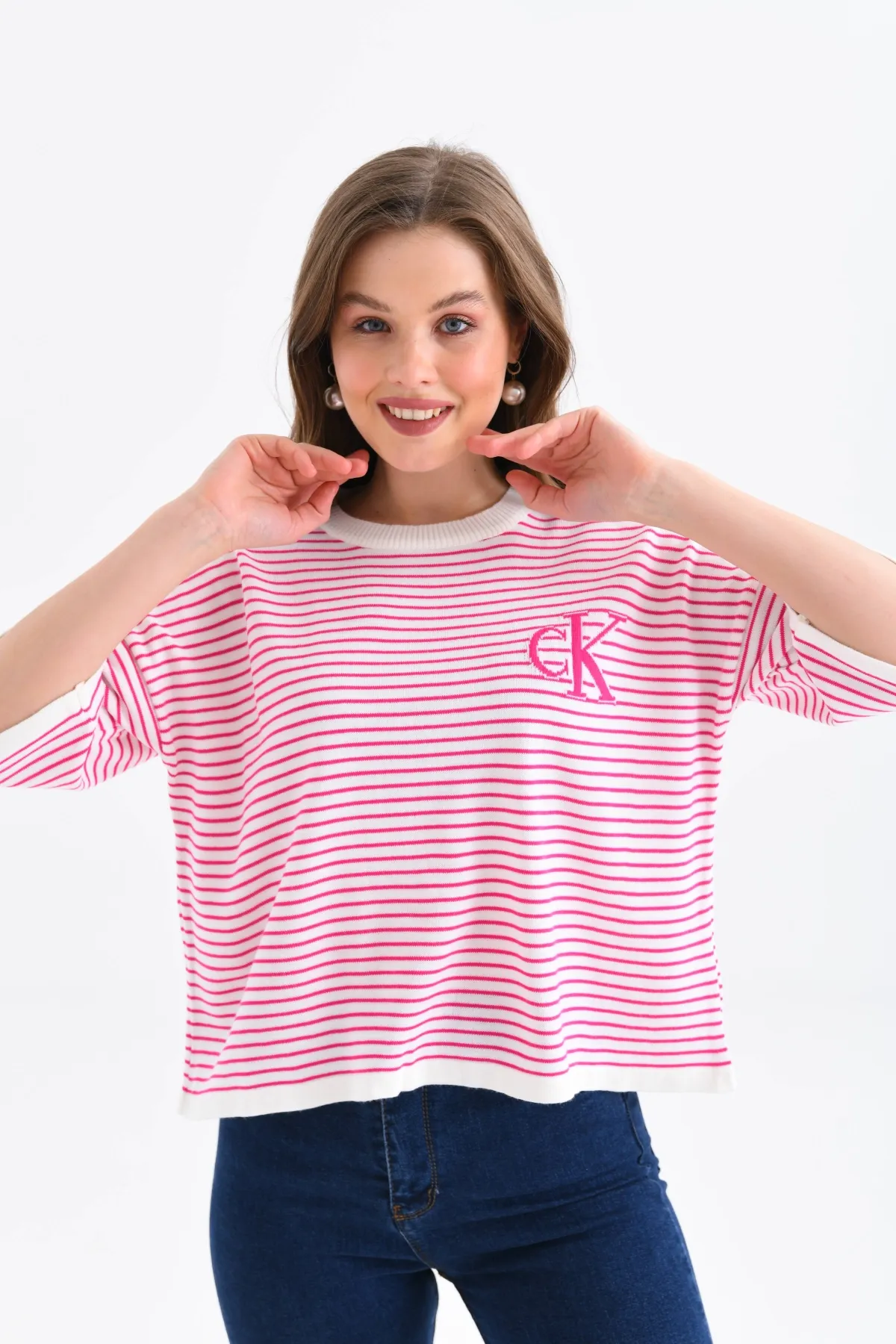 Kadın Bisiklet Yaka Çizgili Oversize Triko Kazak 10160