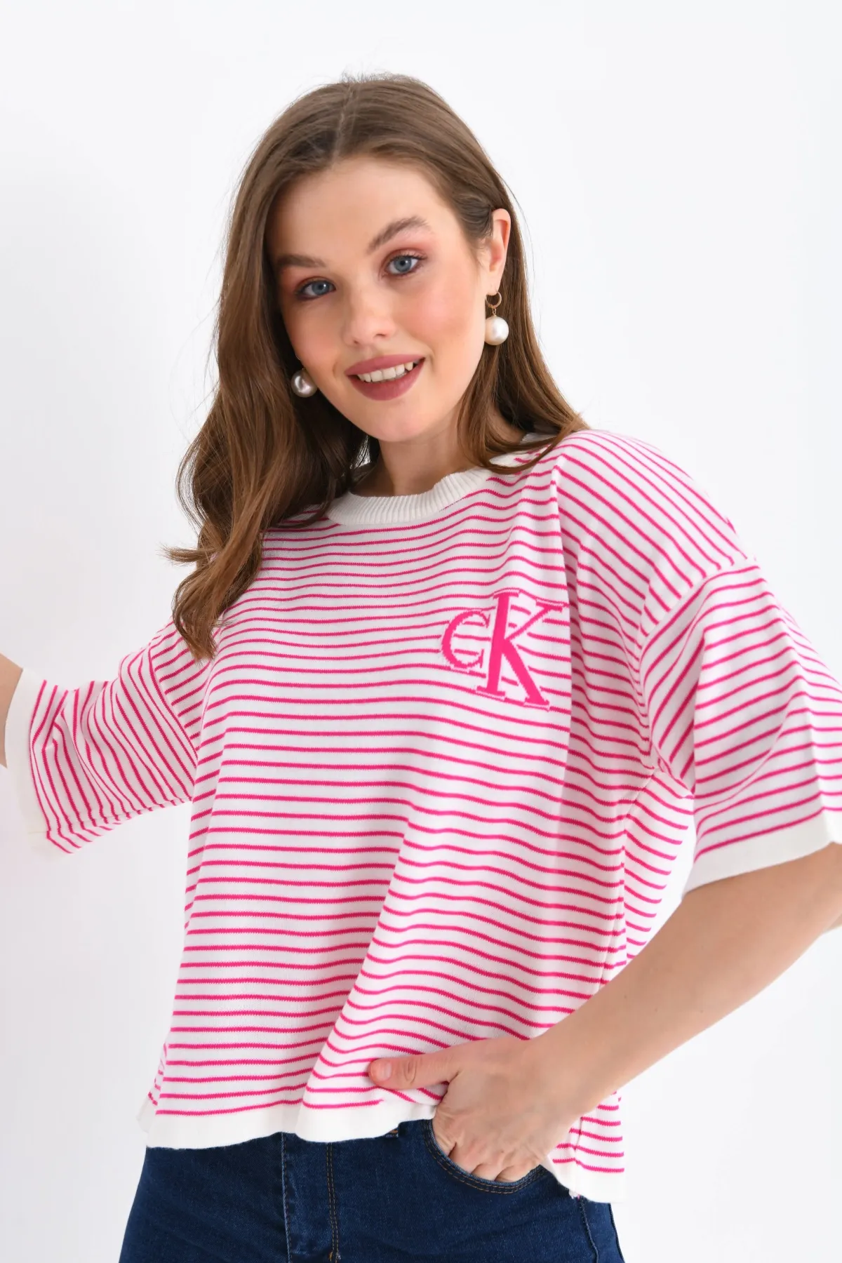 Kadın Bisiklet Yaka Çizgili Oversize Triko Kazak 10160