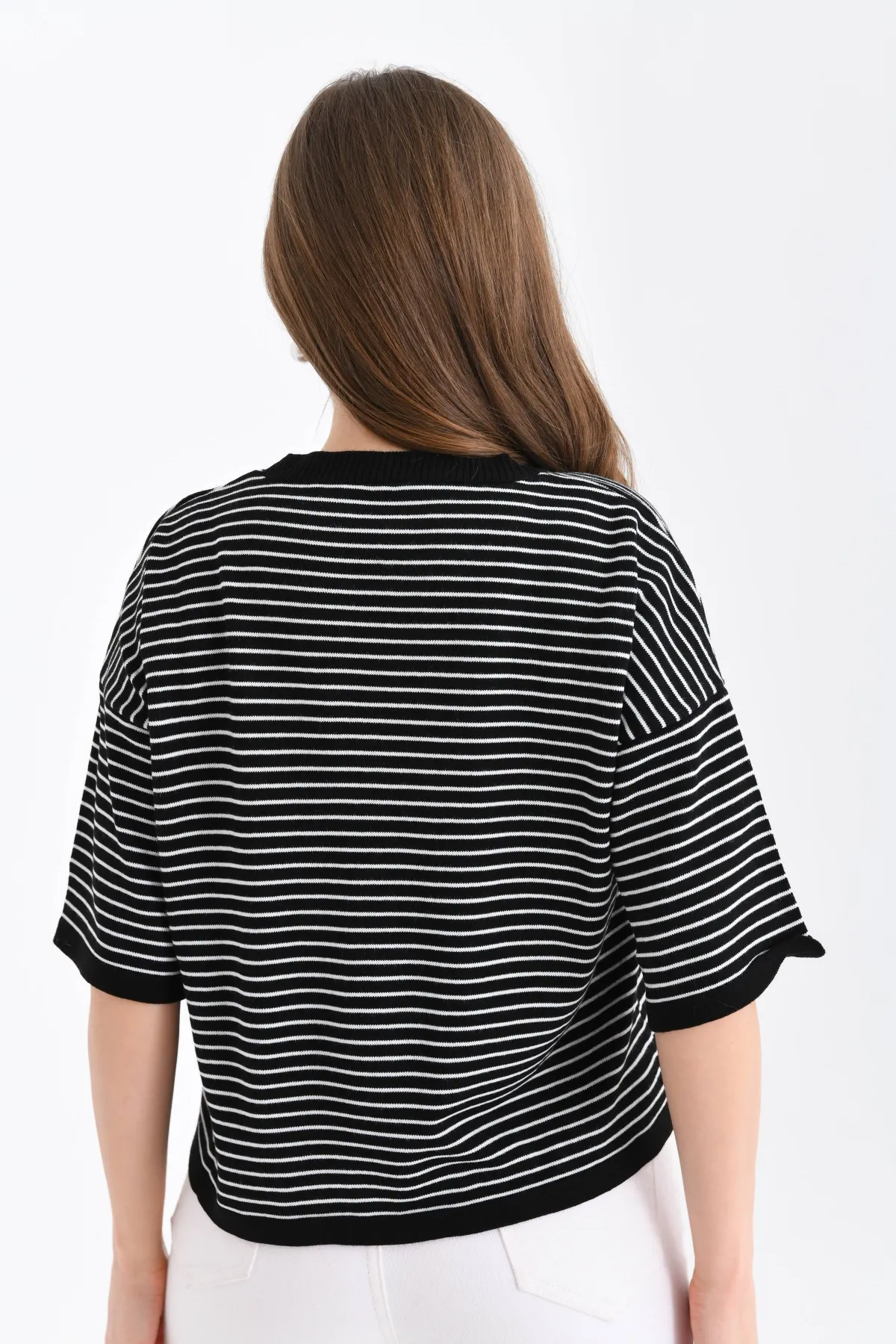 Kadın Bisiklet Yaka Çizgili Oversize Triko Kazak 10160