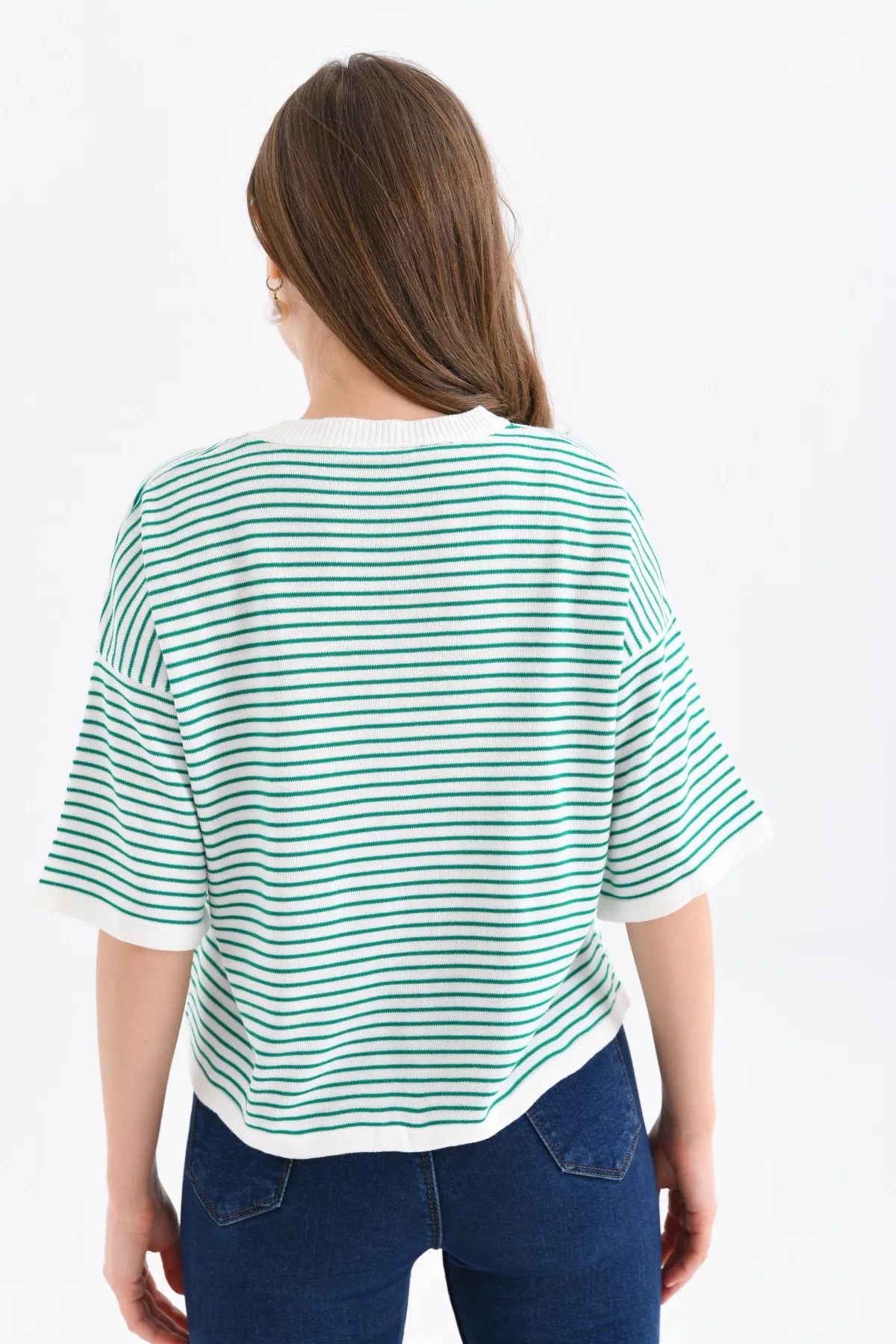 Kadın Bisiklet Yaka Çizgili Oversize Triko Kazak 10160