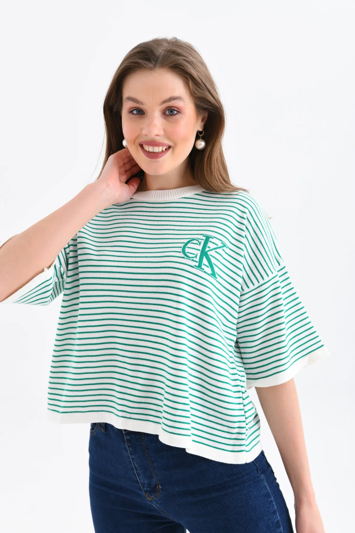 Kadın Bisiklet Yaka Çizgili Oversize Triko Kazak 10160