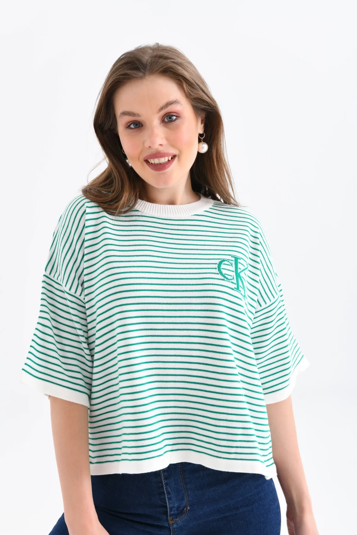 Kadın Bisiklet Yaka Çizgili Oversize Triko Kazak 10160