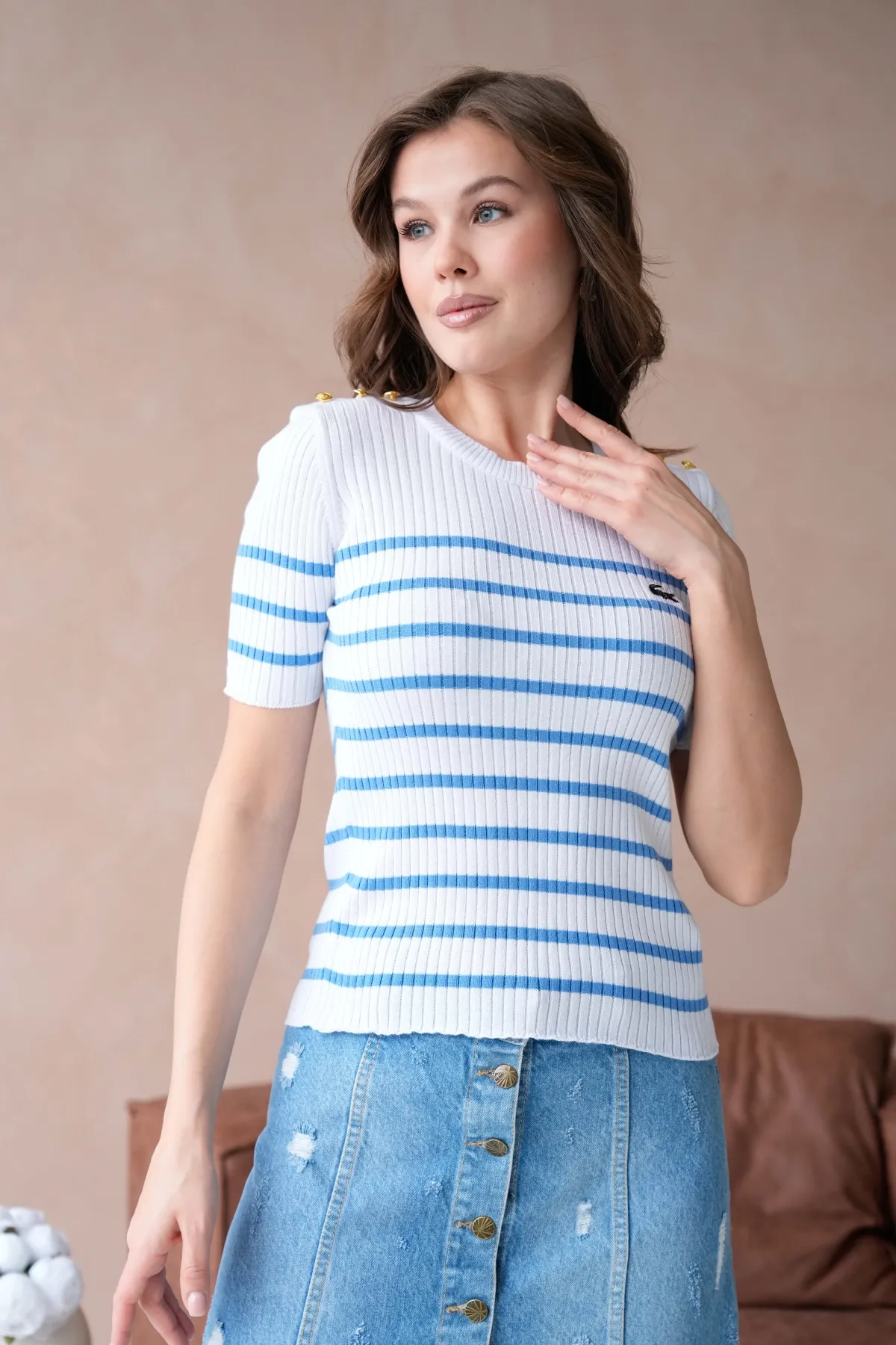 Kadın Bisiklet Yaka Omuzları Düğme Detaylı Sim Fit Triko Kazak 12034.Ctn