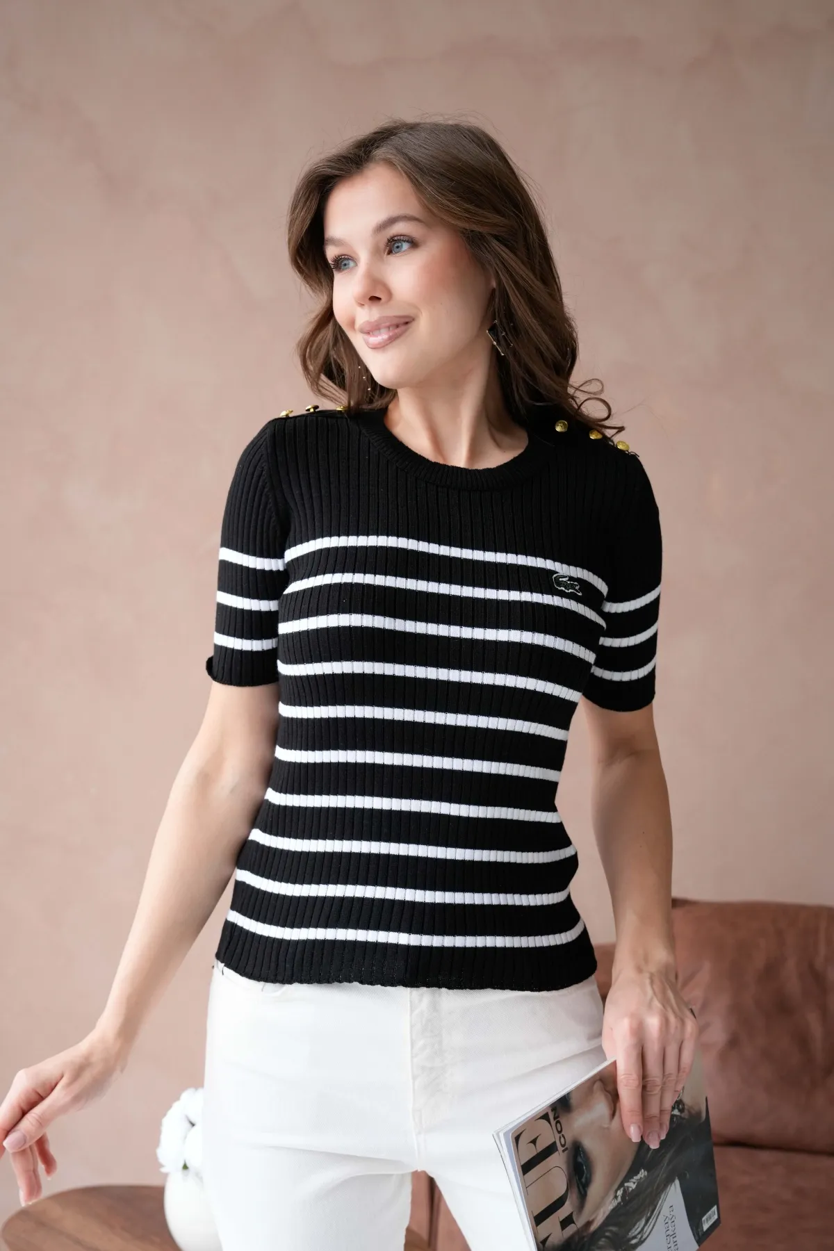 Kadın Bisiklet Yaka Omuzları Düğme Detaylı Sim Fit Triko Kazak 12034.Ctn