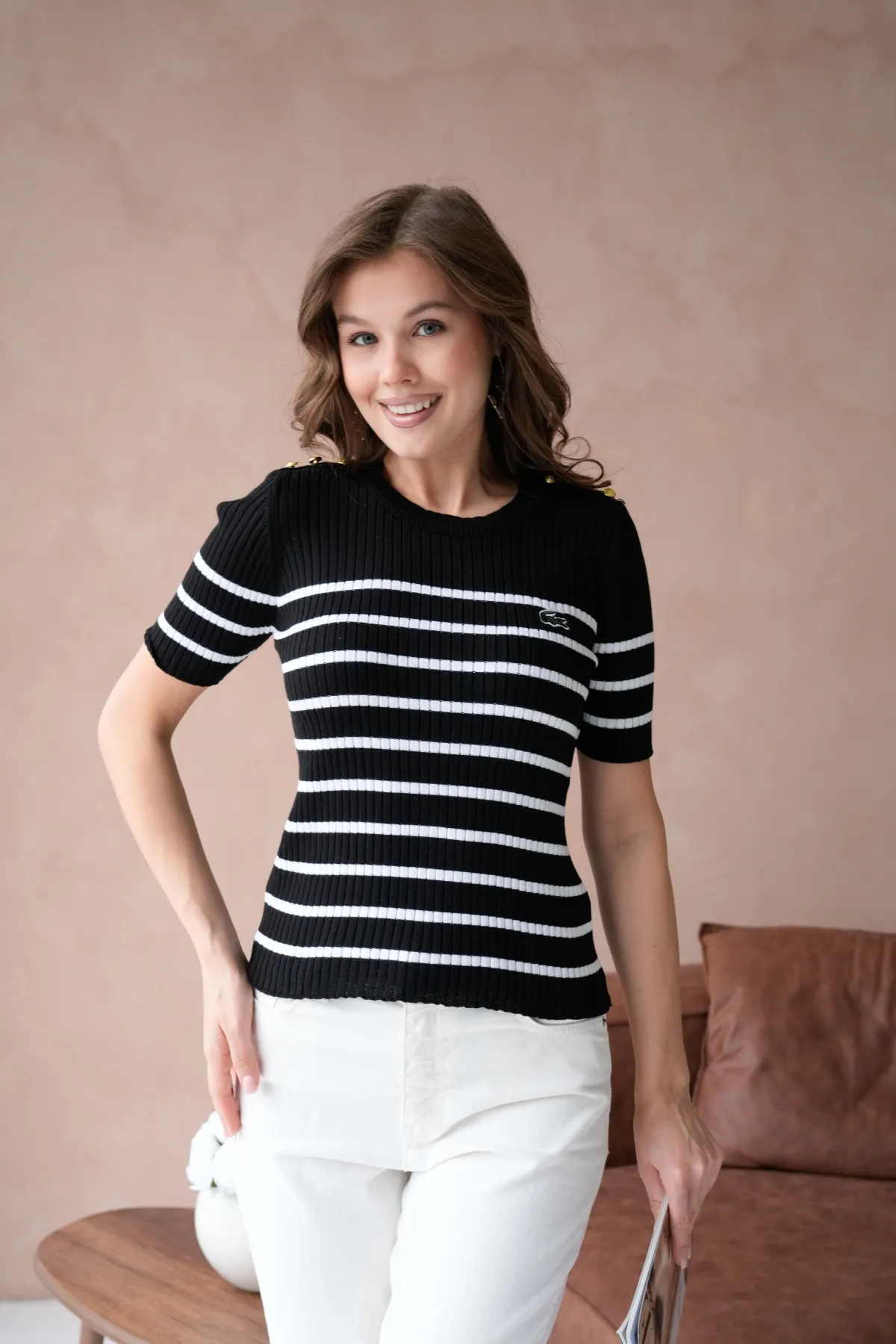 Kadın Bisiklet Yaka Omuzları Düğme Detaylı Sim Fit Triko Kazak 12034.Ctn