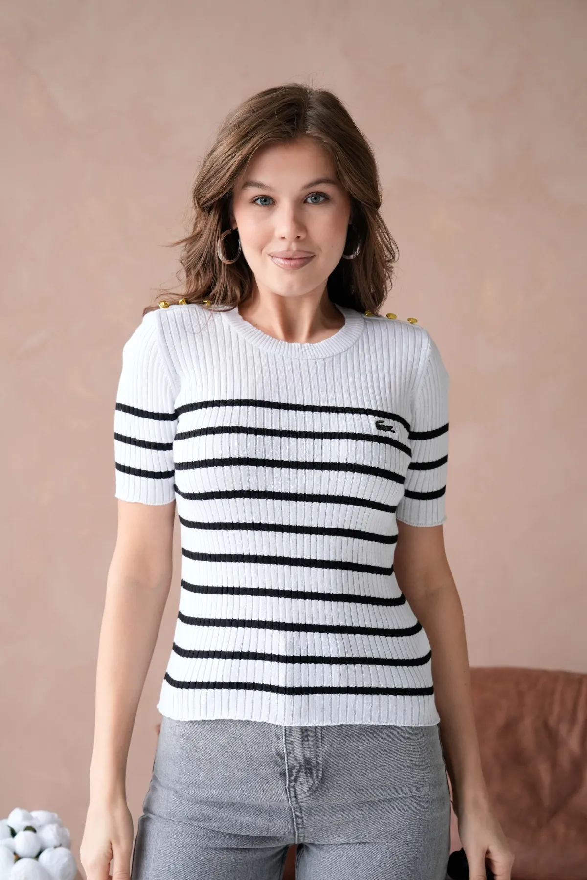 Kadın Bisiklet Yaka Omuzları Düğme Detaylı Sim Fit Triko Kazak 12034.Ctn