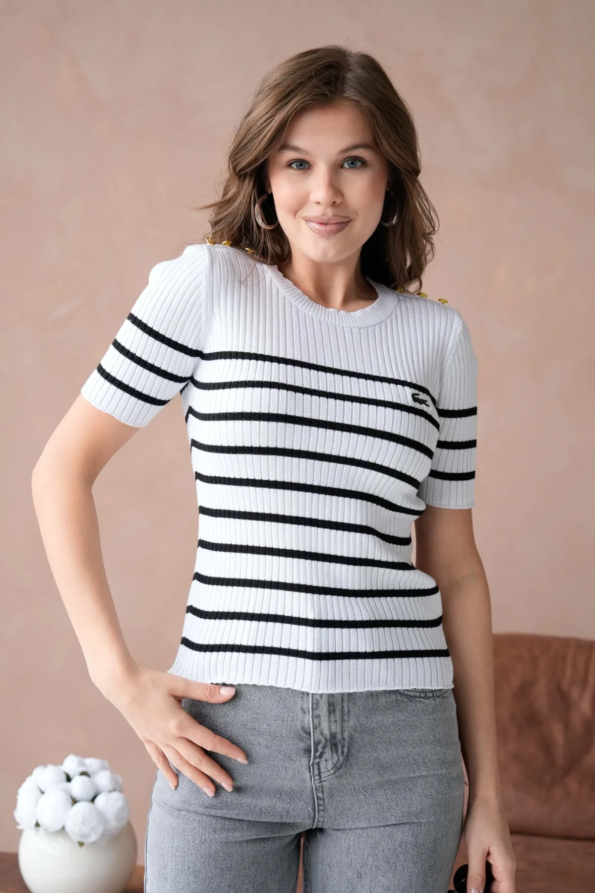 Kadın Bisiklet Yaka Omuzları Düğme Detaylı Sim Fit Triko Kazak 12034.Ctn