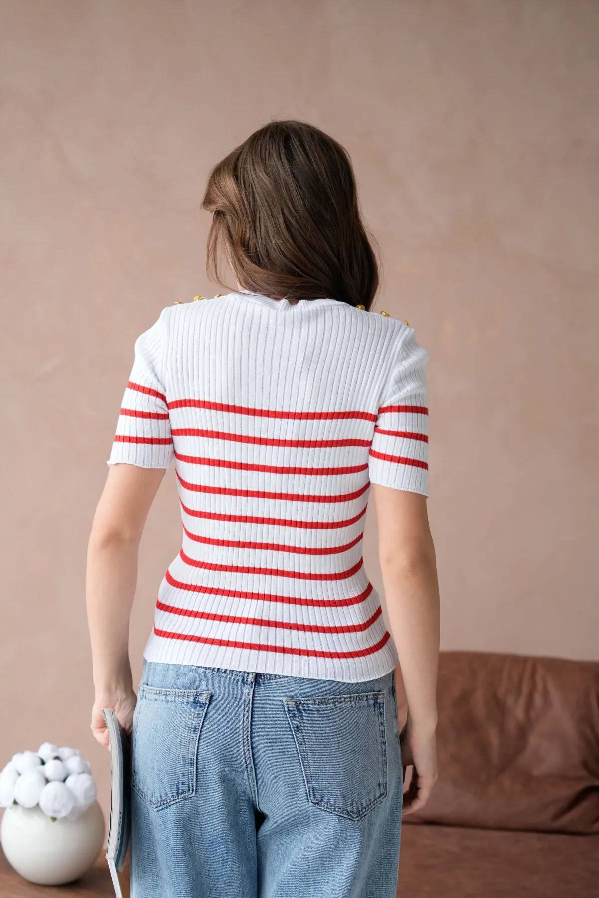 Kadın Bisiklet Yaka Omuzları Düğme Detaylı Sim Fit Triko Kazak 12034.Ctn