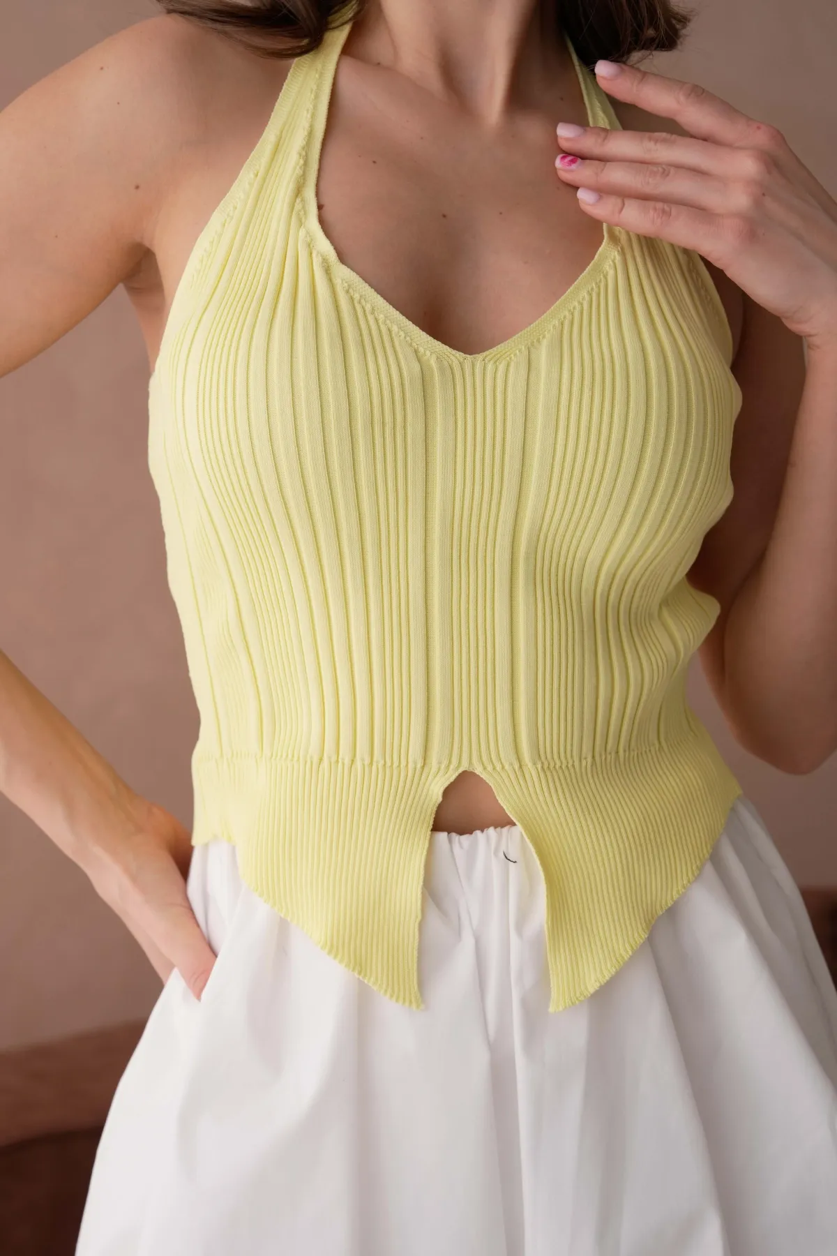 Kadın V Yaka Omuz Askılı Crop Top Body Triko 12119