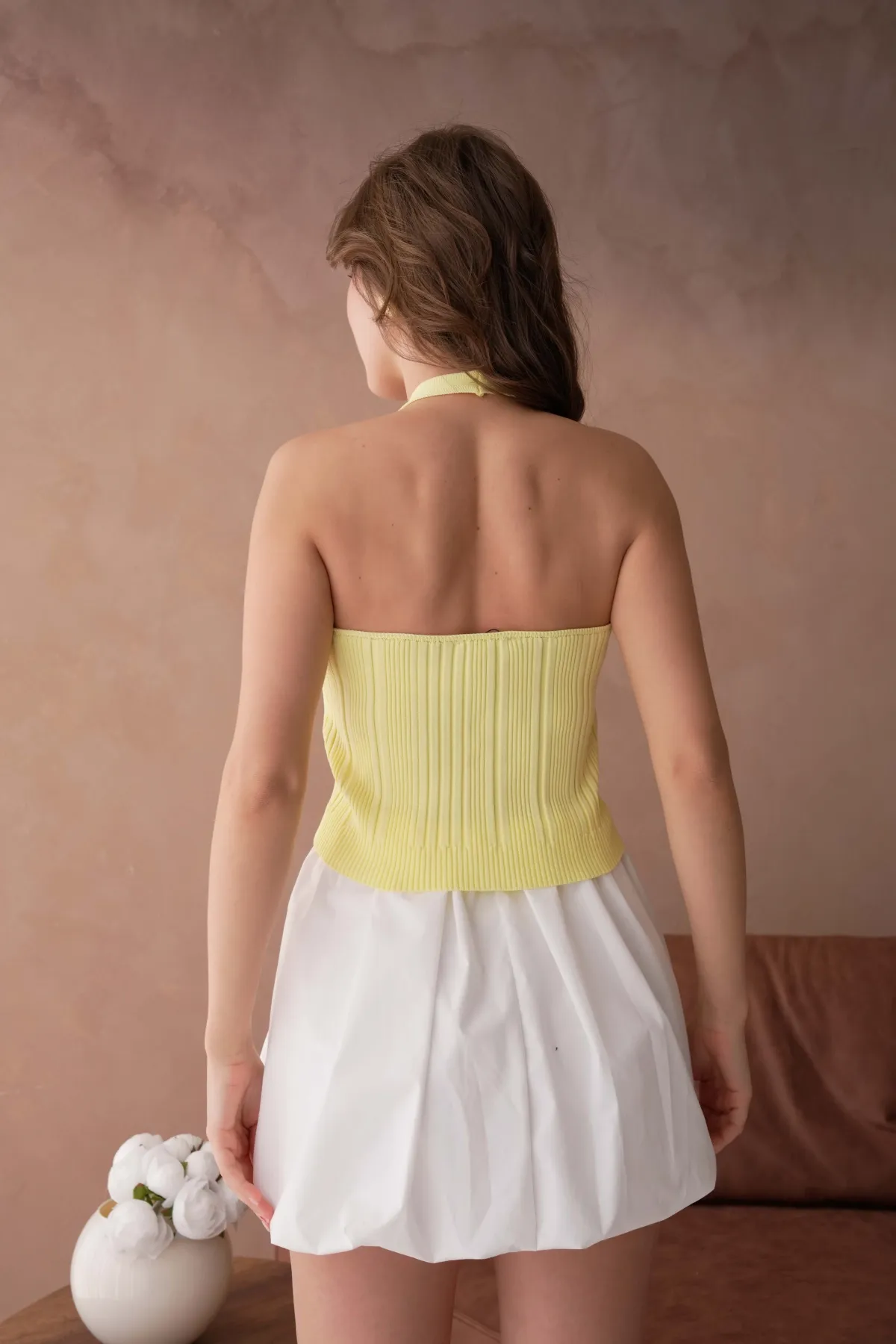 Kadın V Yaka Omuz Askılı Crop Top Body Triko 12119