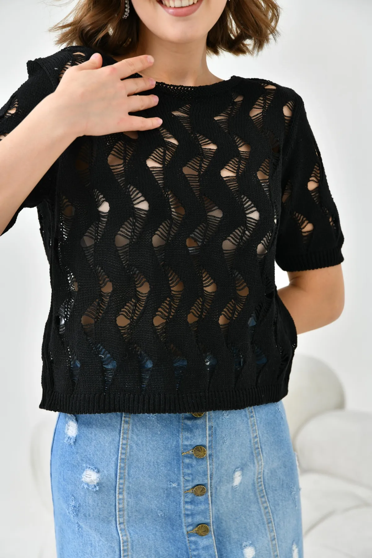 Kadın Bisiklet Yaka Örgü Detay Ajurlu Triko Buz 8220Sw