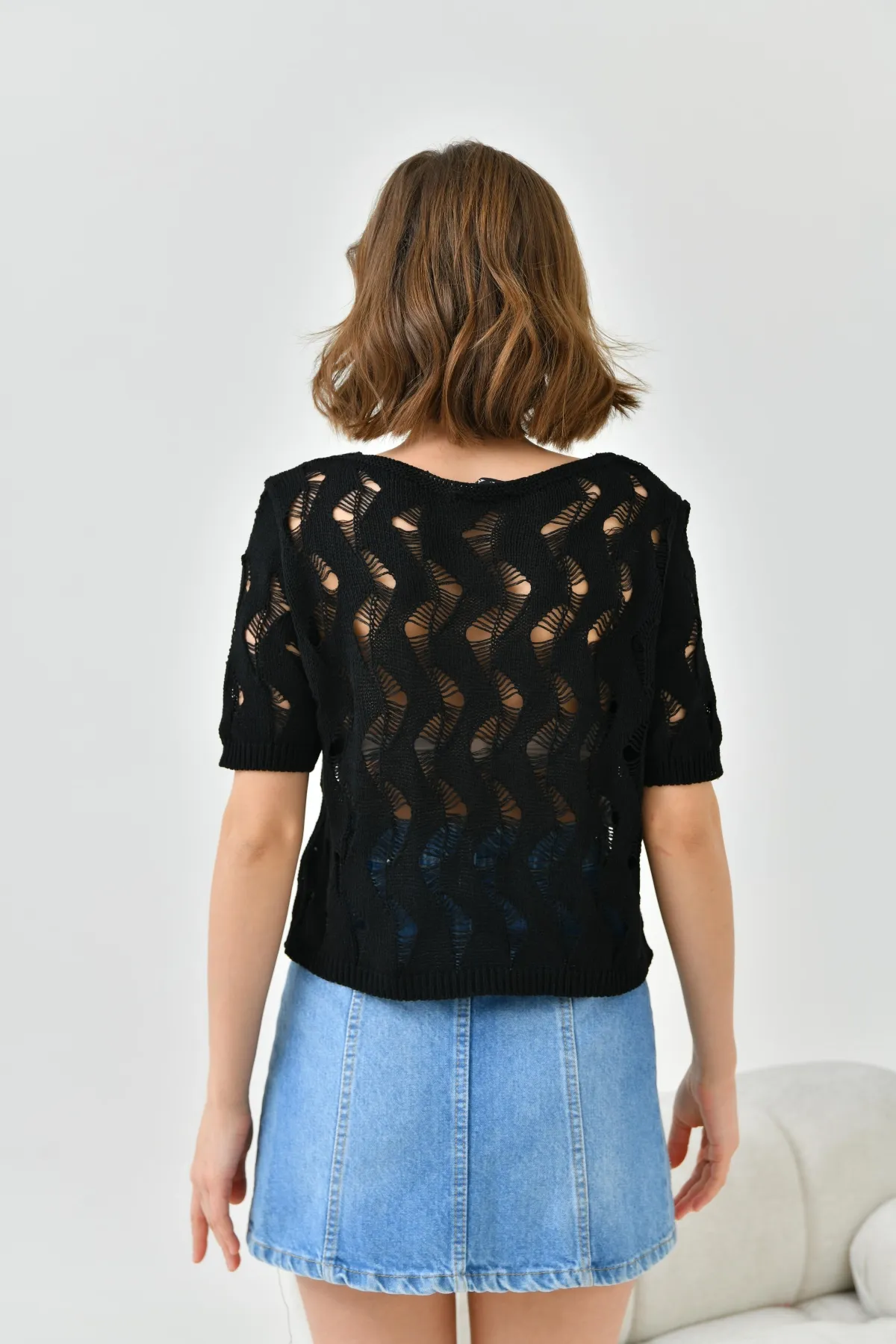 Kadın Bisiklet Yaka Örgü Detay Ajurlu Triko Buz 8220Sw