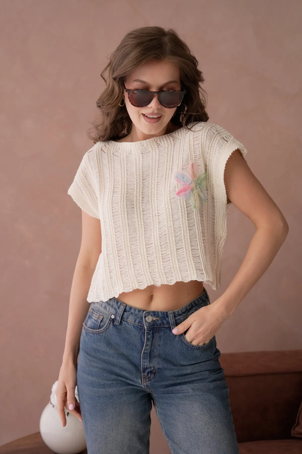 Kadın Kayık Yaka Ajurlu Crop Triko Bluz 8241Sw