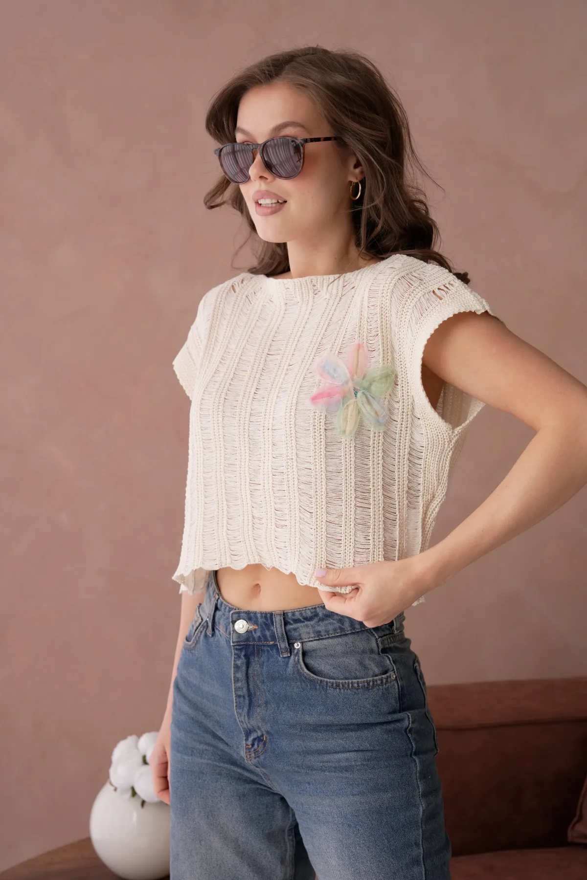 Kadın Kayık Yaka Ajurlu Crop Triko Bluz 8241Sw