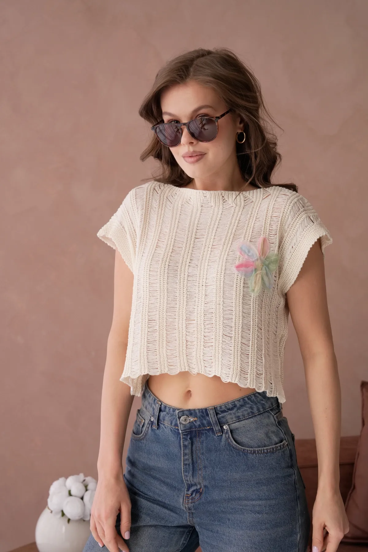 Kadın Kayık Yaka Ajurlu Crop Triko Bluz 8241Sw