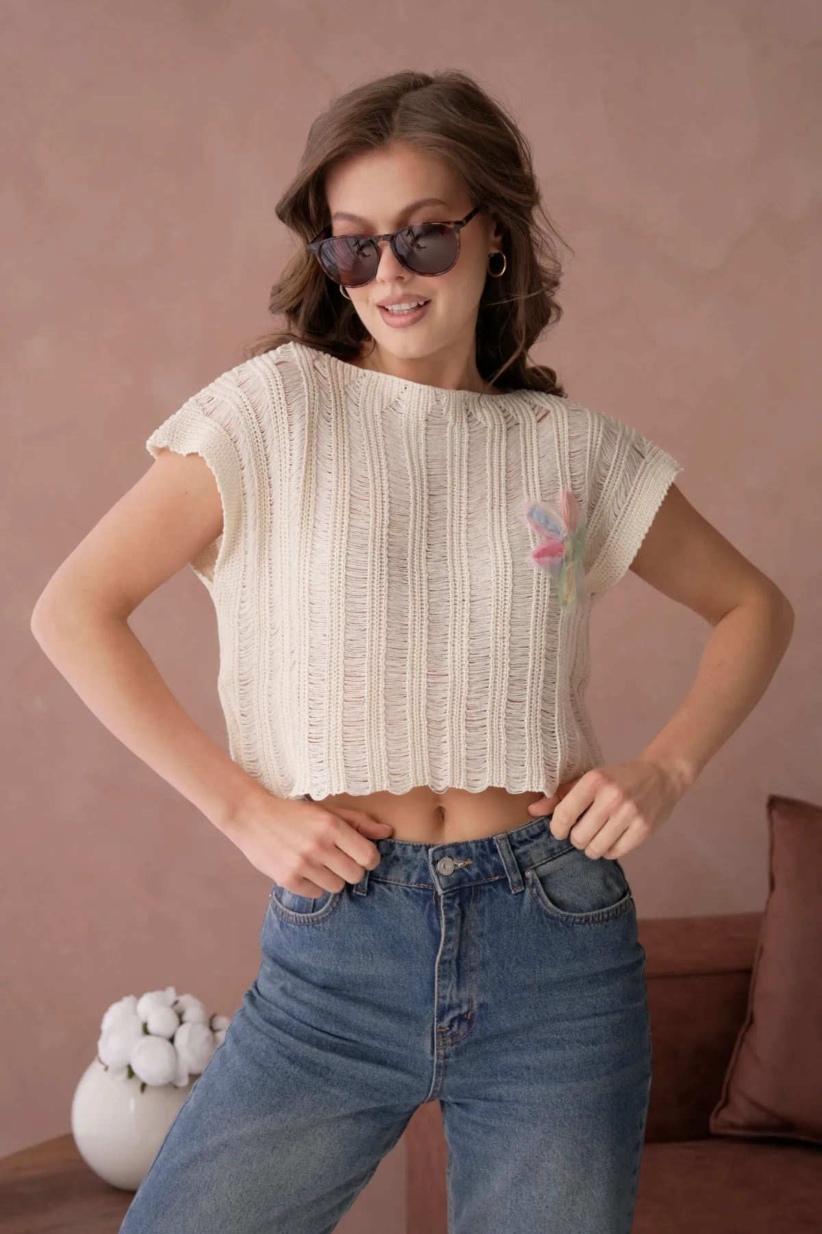 Kadın Kayık Yaka Ajurlu Crop Triko Bluz 8241Sw