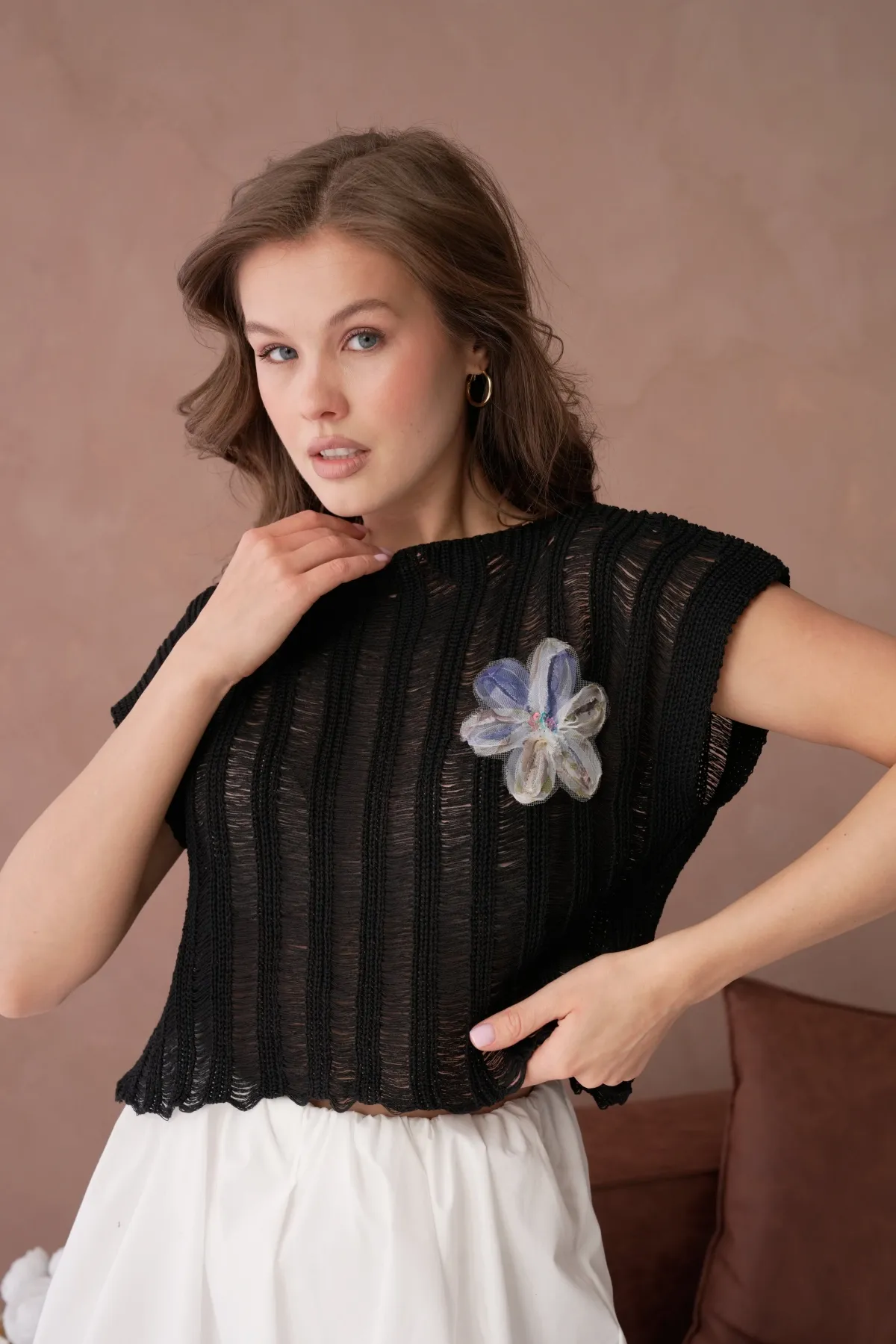 Kadın Kayık Yaka Ajurlu Crop Triko Bluz 8241Sw