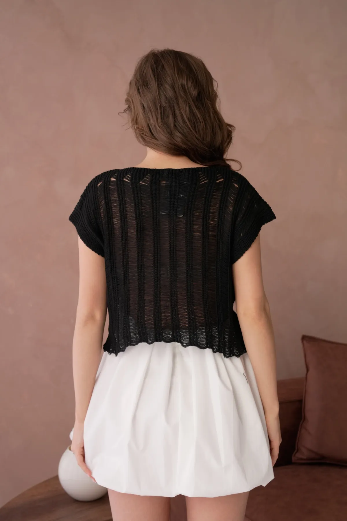 Kadın Kayık Yaka Ajurlu Crop Triko Bluz 8241Sw