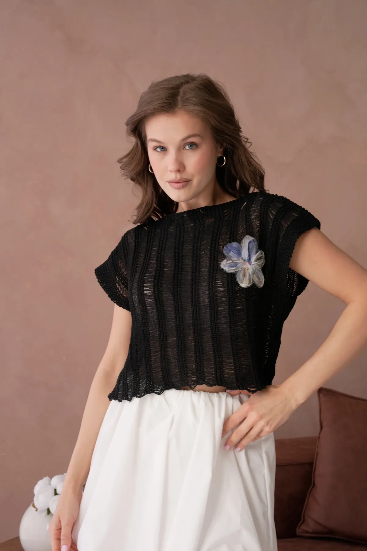 Kadın Kayık Yaka Ajurlu Crop Triko Bluz 8241Sw