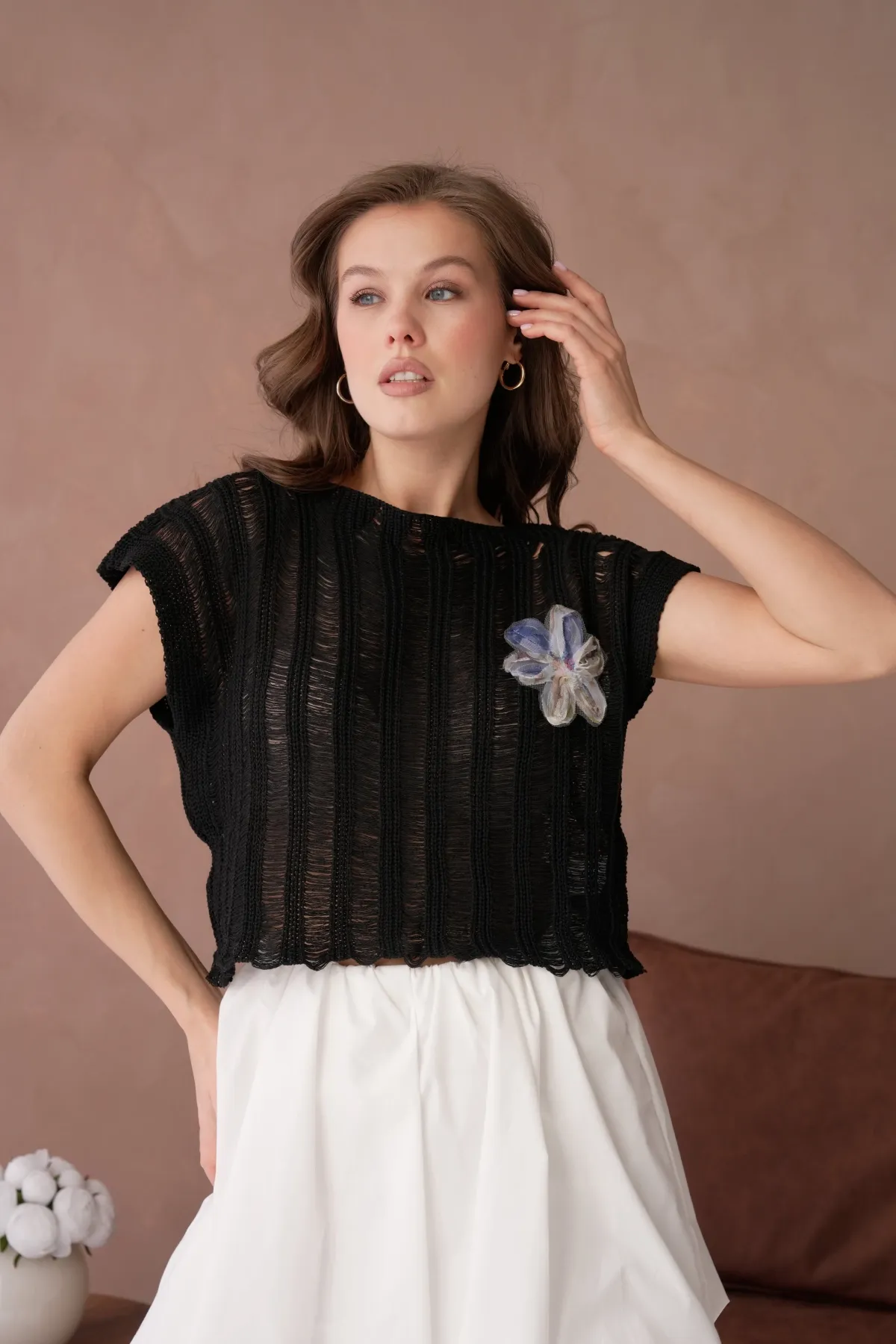 Kadın Kayık Yaka Ajurlu Crop Triko Bluz 8241Sw