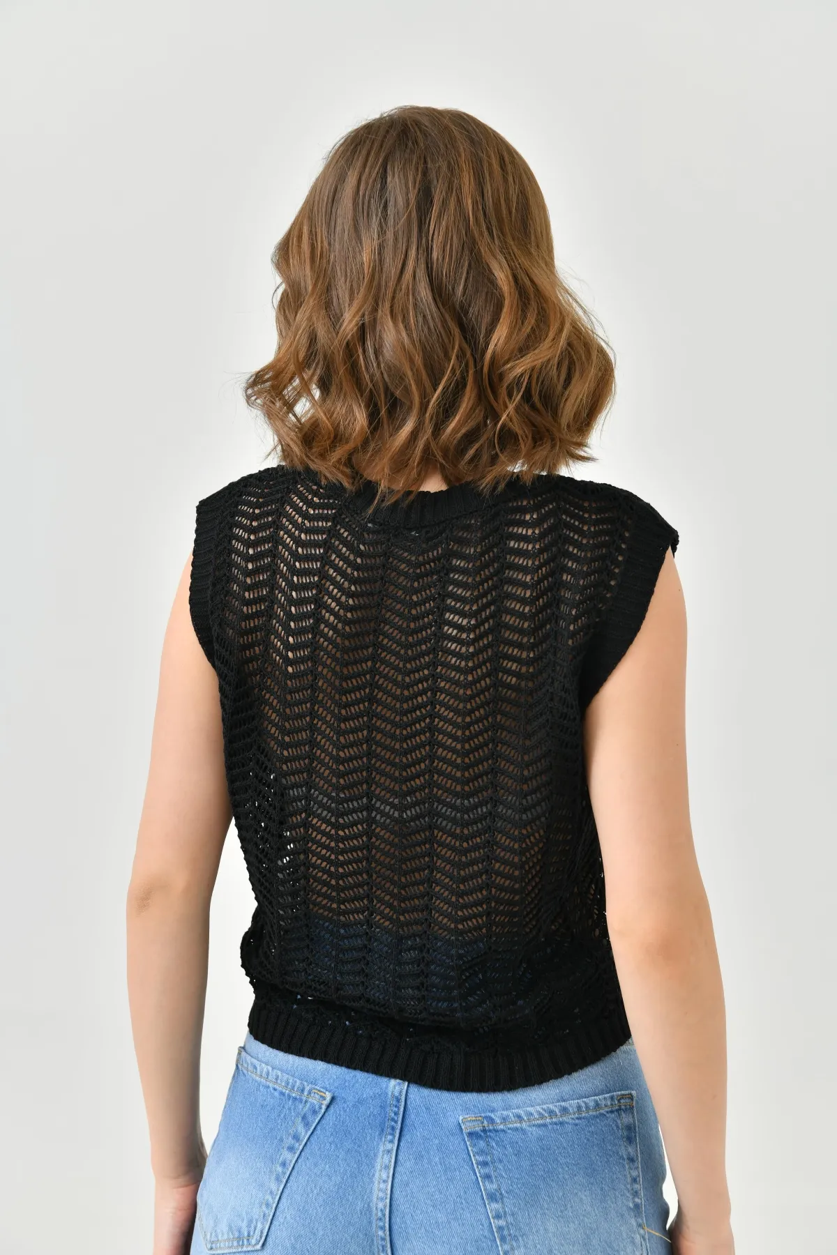 Kadın Bisiklet Yaka Ajurlu Crop Triko Bluz 8247Sw