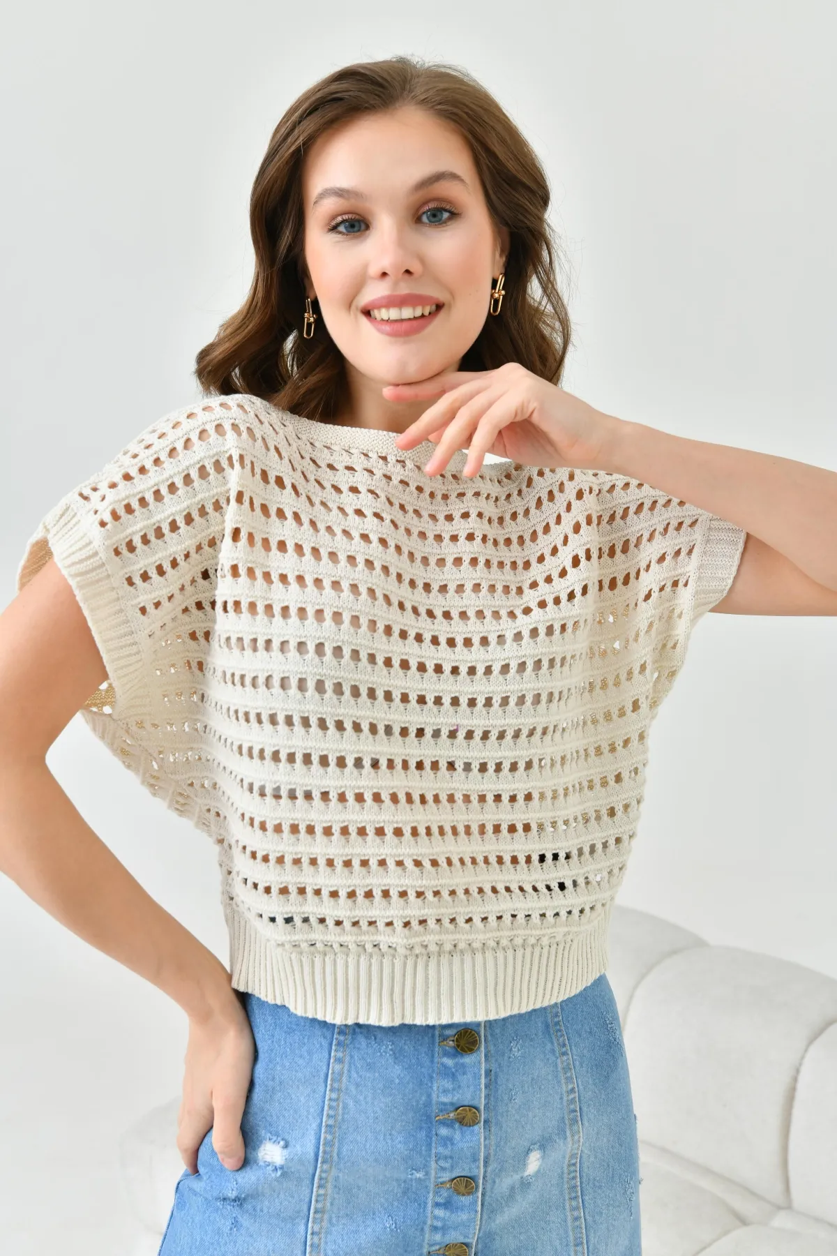 Kadın Kayık Yaka Ajurlu Crop Triko Bluz 8249Sw