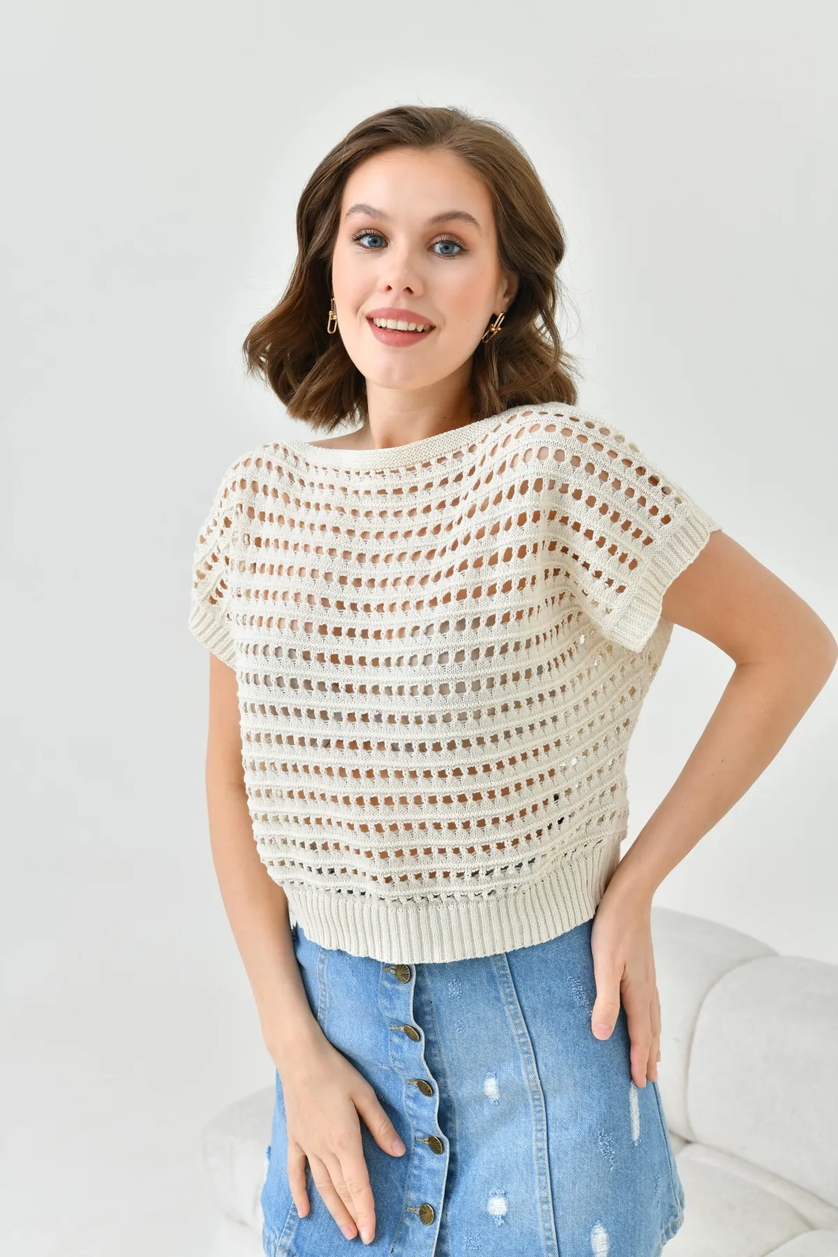 Kadın Kayık Yaka Ajurlu Crop Triko Bluz 8249Sw