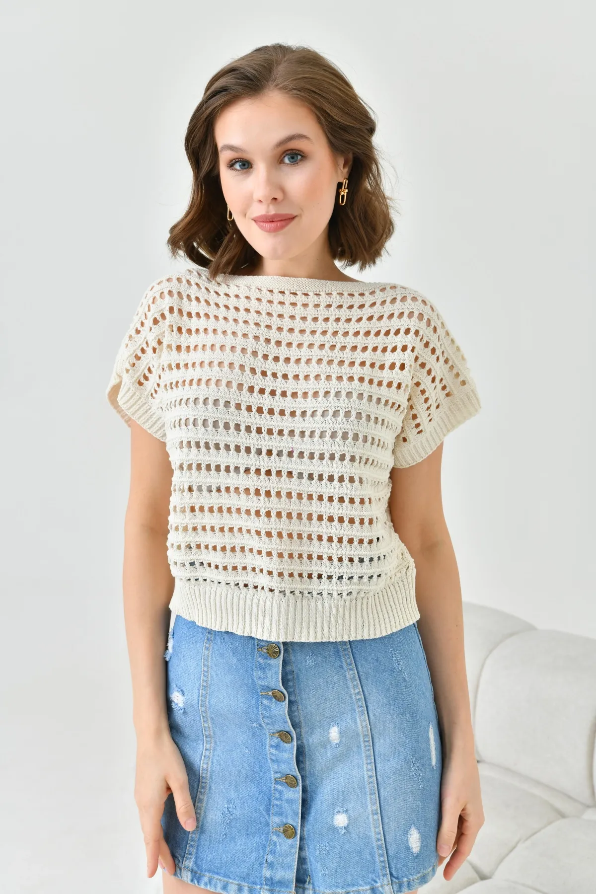 Kadın Kayık Yaka Ajurlu Crop Triko Bluz 8249Sw