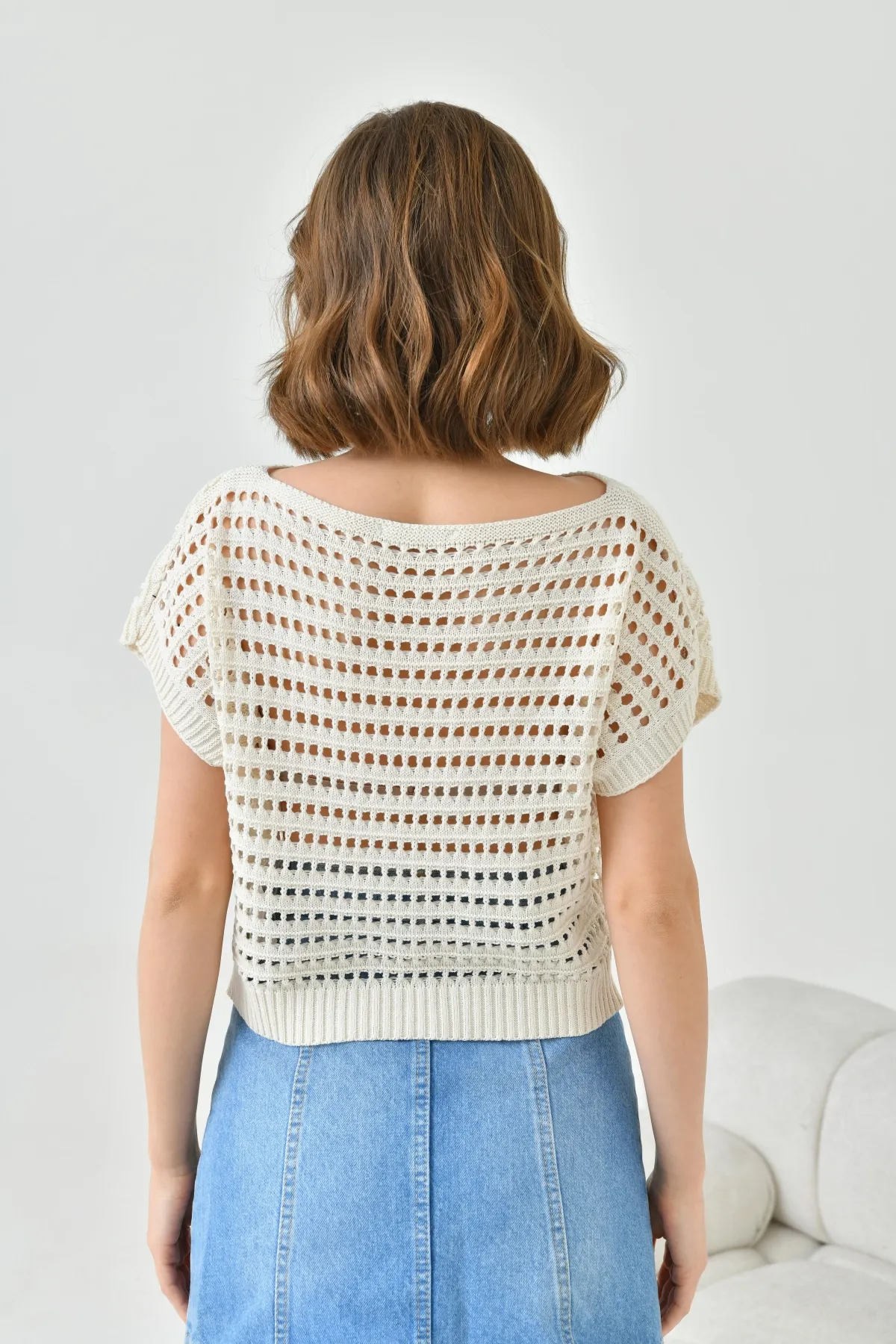 Kadın Kayık Yaka Ajurlu Crop Triko Bluz 8249Sw