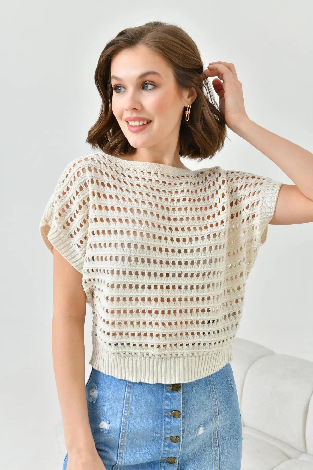 Kadın Kayık Yaka Ajurlu Crop Triko Bluz 8249Sw