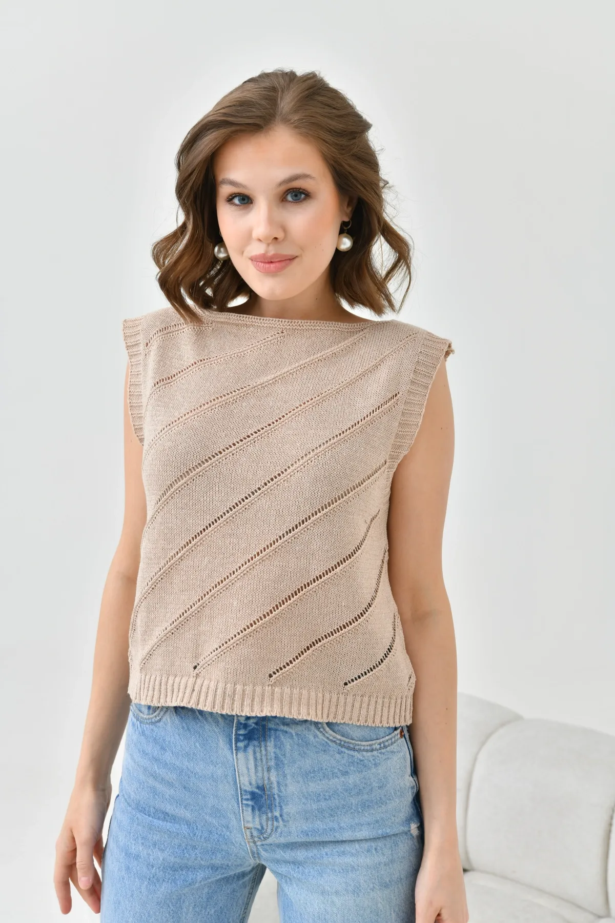 Kadın Bisiklet Yaka Örgü Detay Ajurlu Triko Sweater 8254Sw