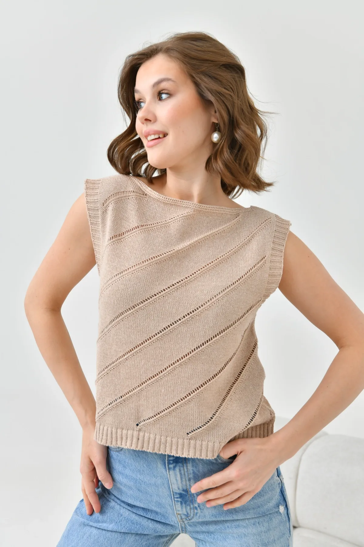 Kadın Bisiklet Yaka Örgü Detay Ajurlu Triko Sweater 8254Sw