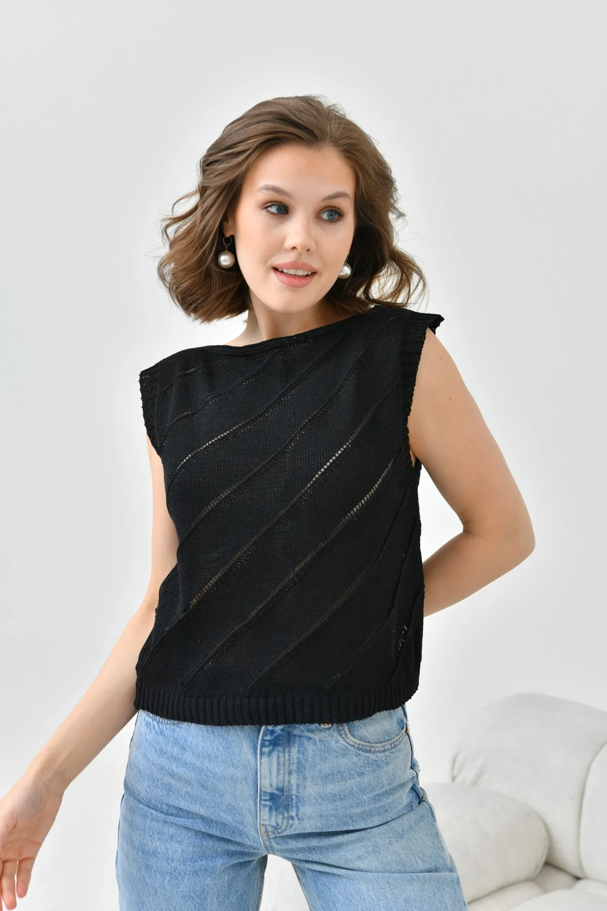 Kadın Bisiklet Yaka Örgü Detay Ajurlu Triko Sweater 8254Sw