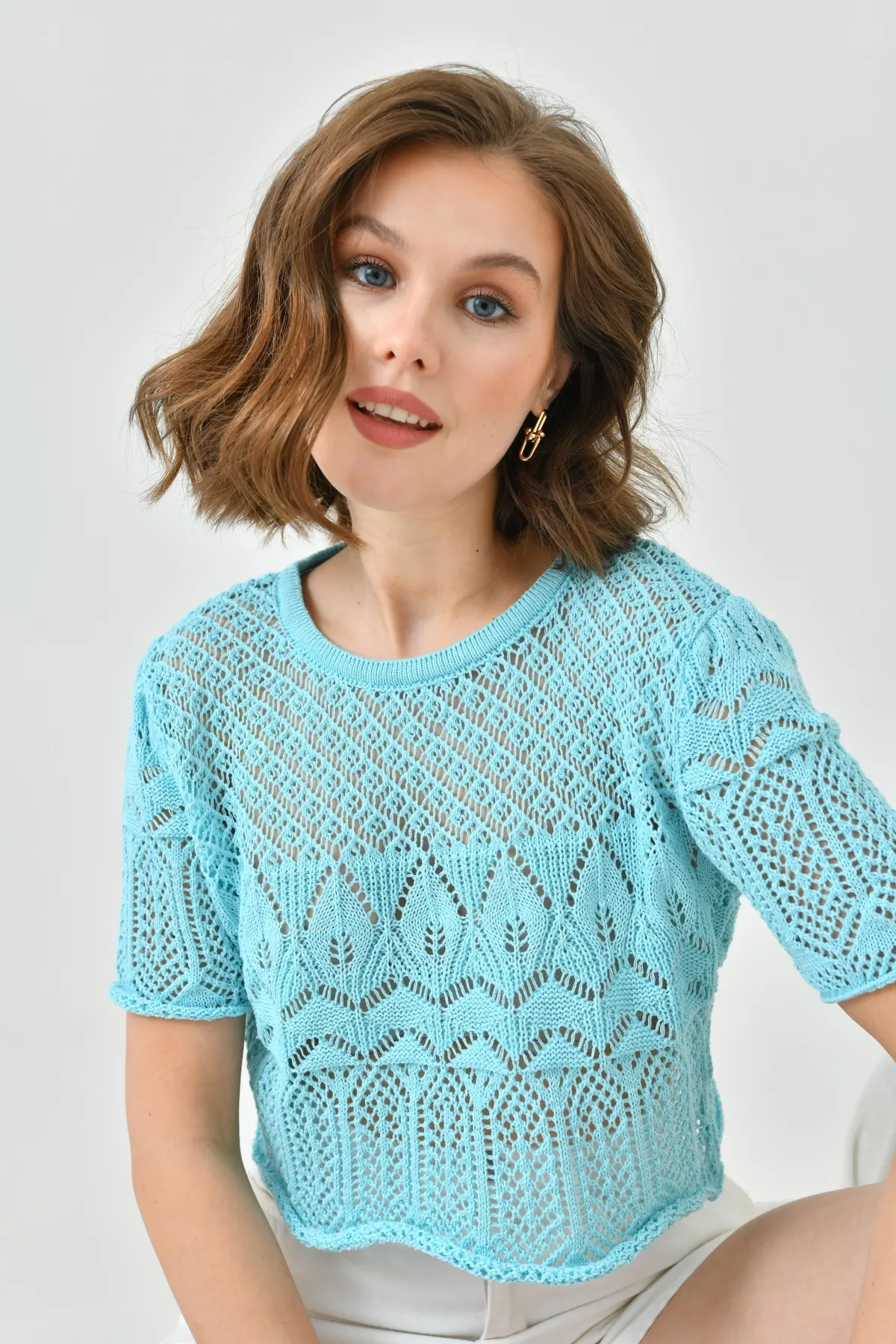 Kadın Bisiklet Yaka Ajurlu Crop Triko Bluz 8256Sw