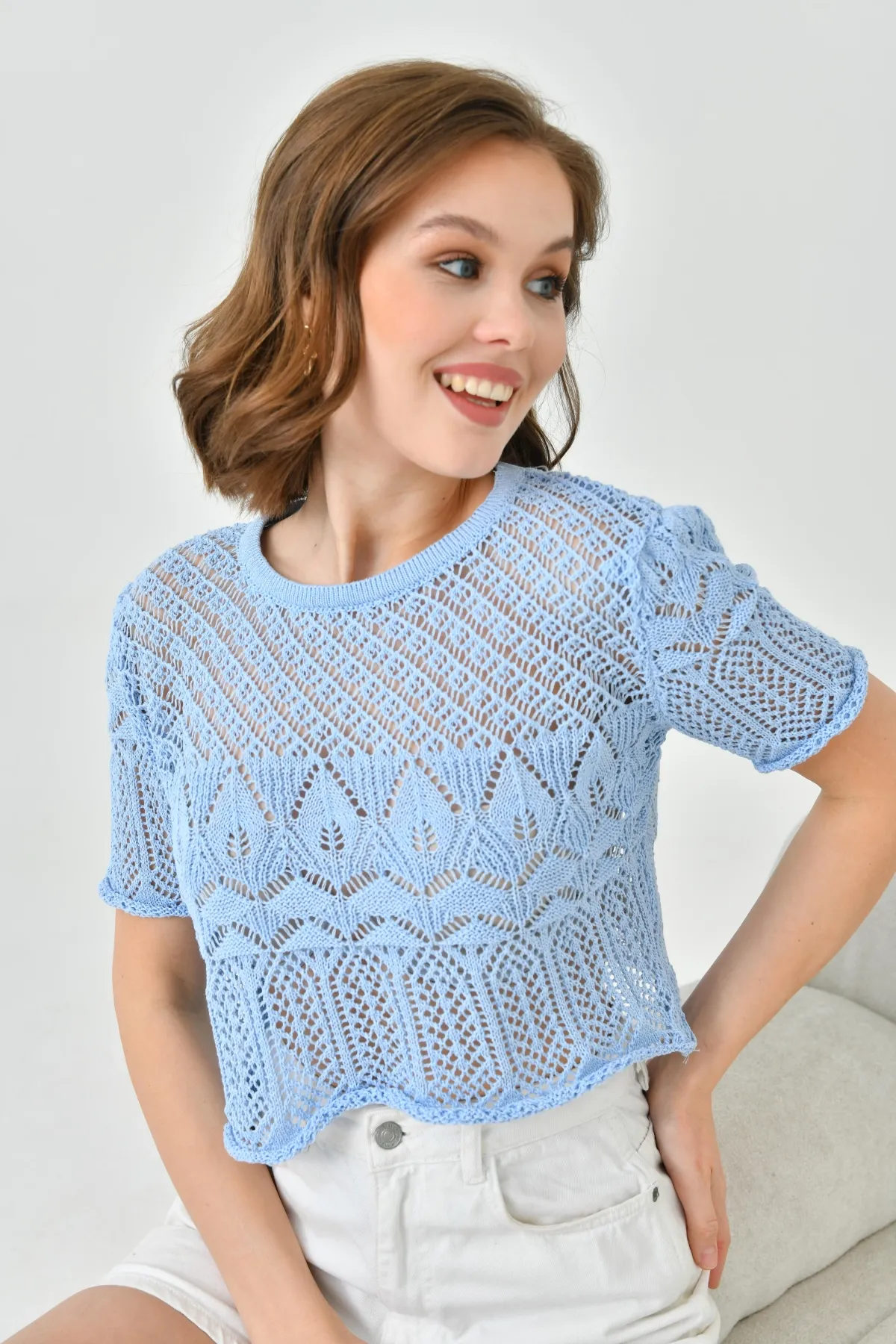 Kadın Bisiklet Yaka Ajurlu Crop Triko Bluz 8256Sw