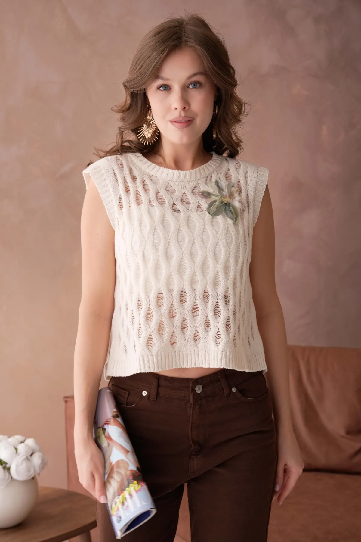 Kadın Bisiklet Yaka Ajurlu Triko Bluz 8257Sw