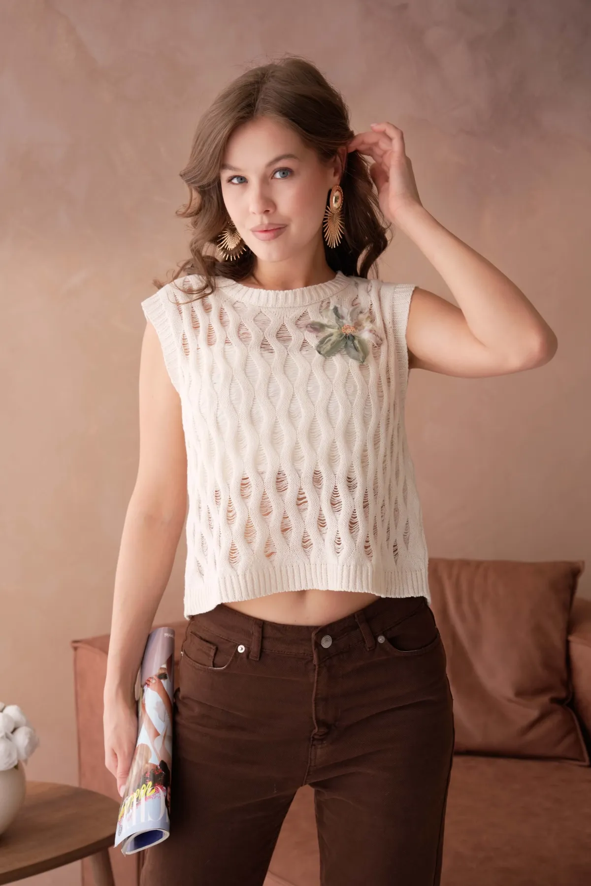 Kadın Bisiklet Yaka Ajurlu Triko Bluz 8257Sw