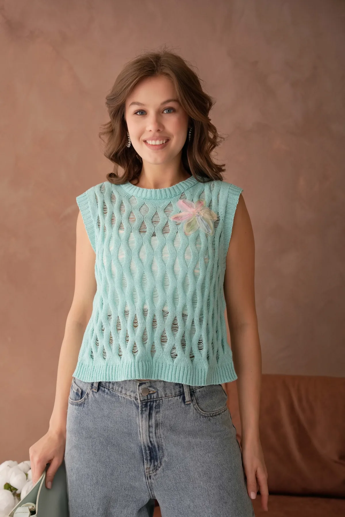 Kadın Bisiklet Yaka Ajurlu Triko Bluz 8257Sw