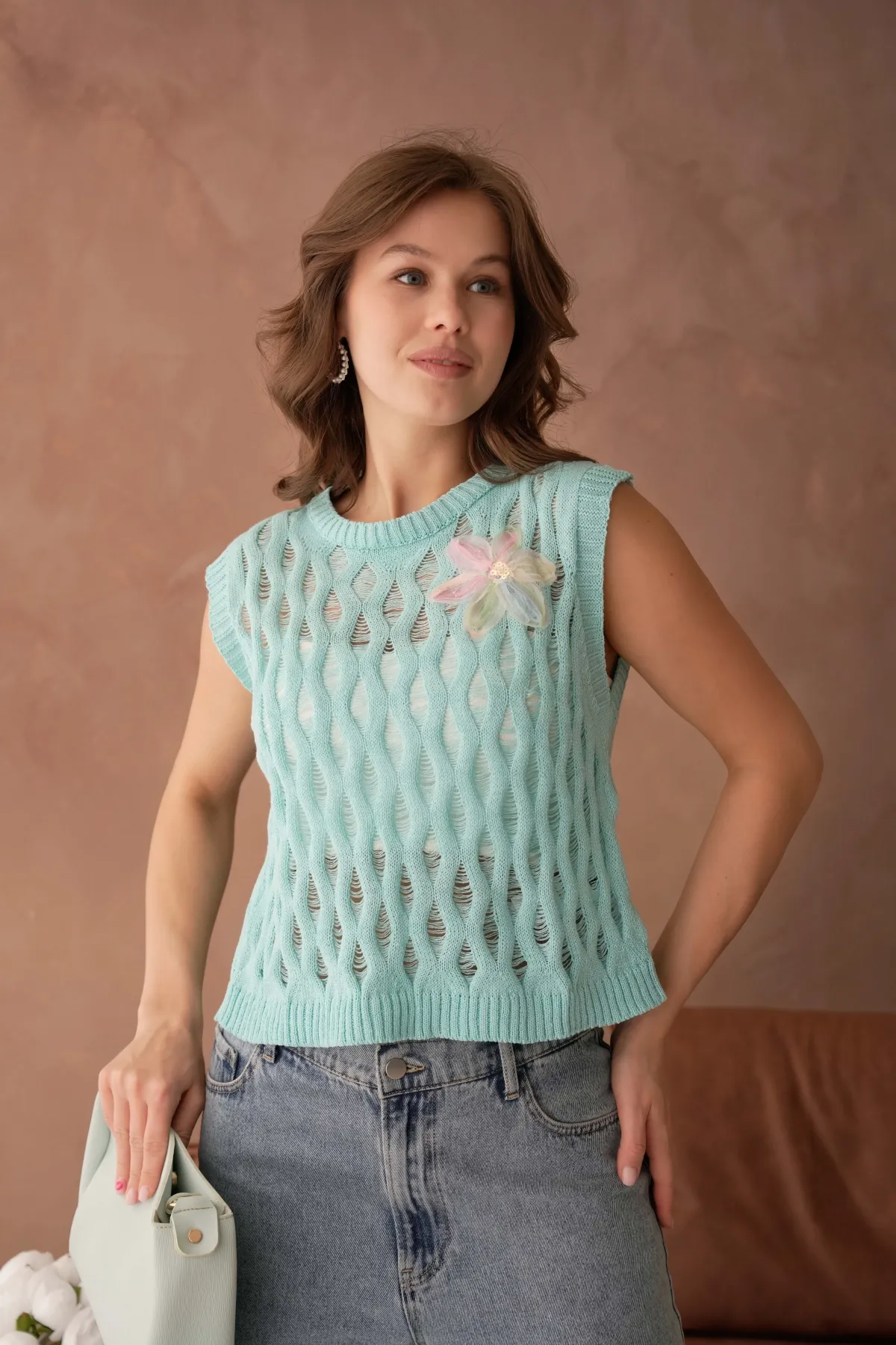 Kadın Bisiklet Yaka Ajurlu Triko Bluz 8257Sw