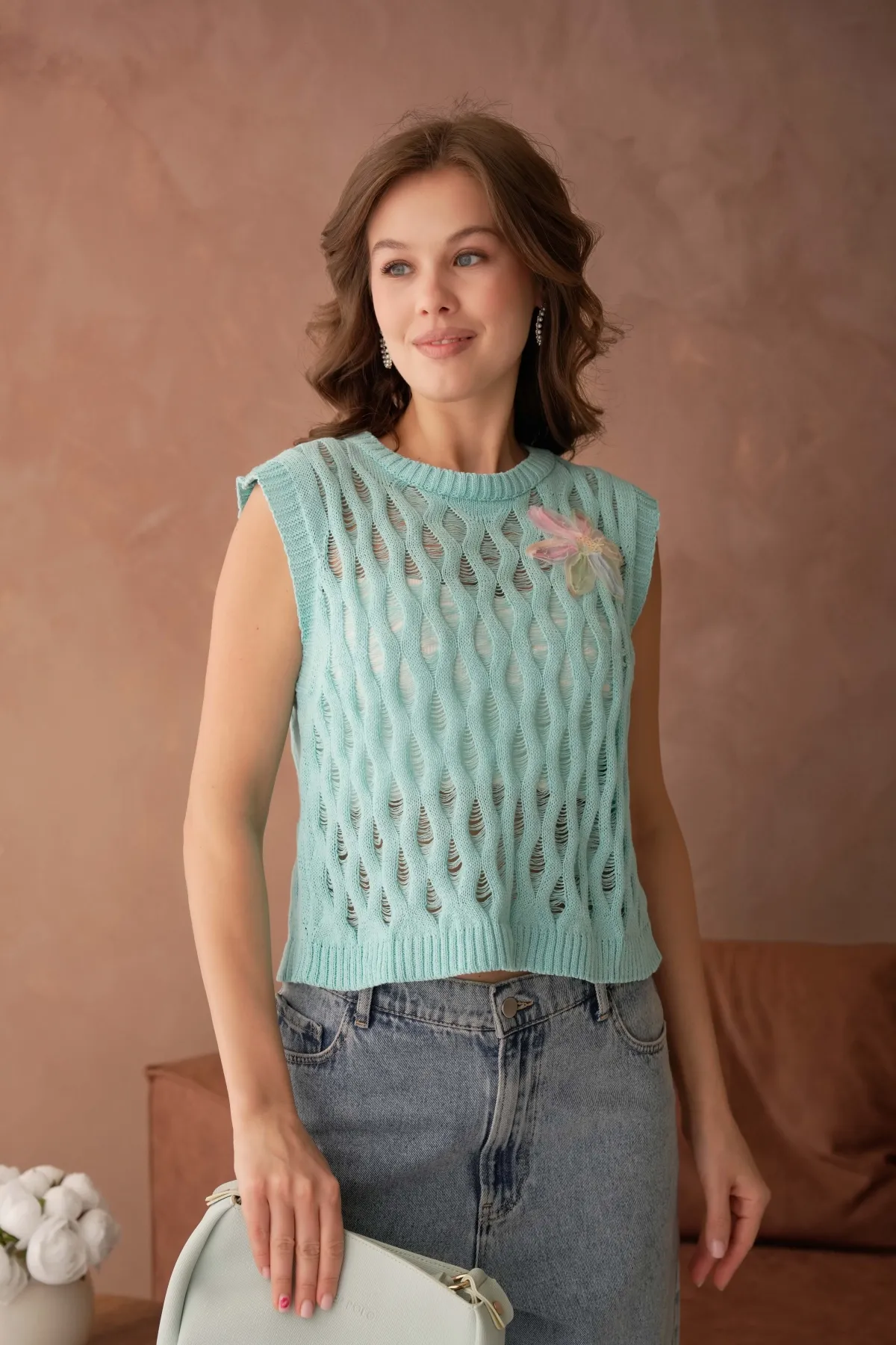 Kadın Bisiklet Yaka Ajurlu Triko Bluz 8257Sw