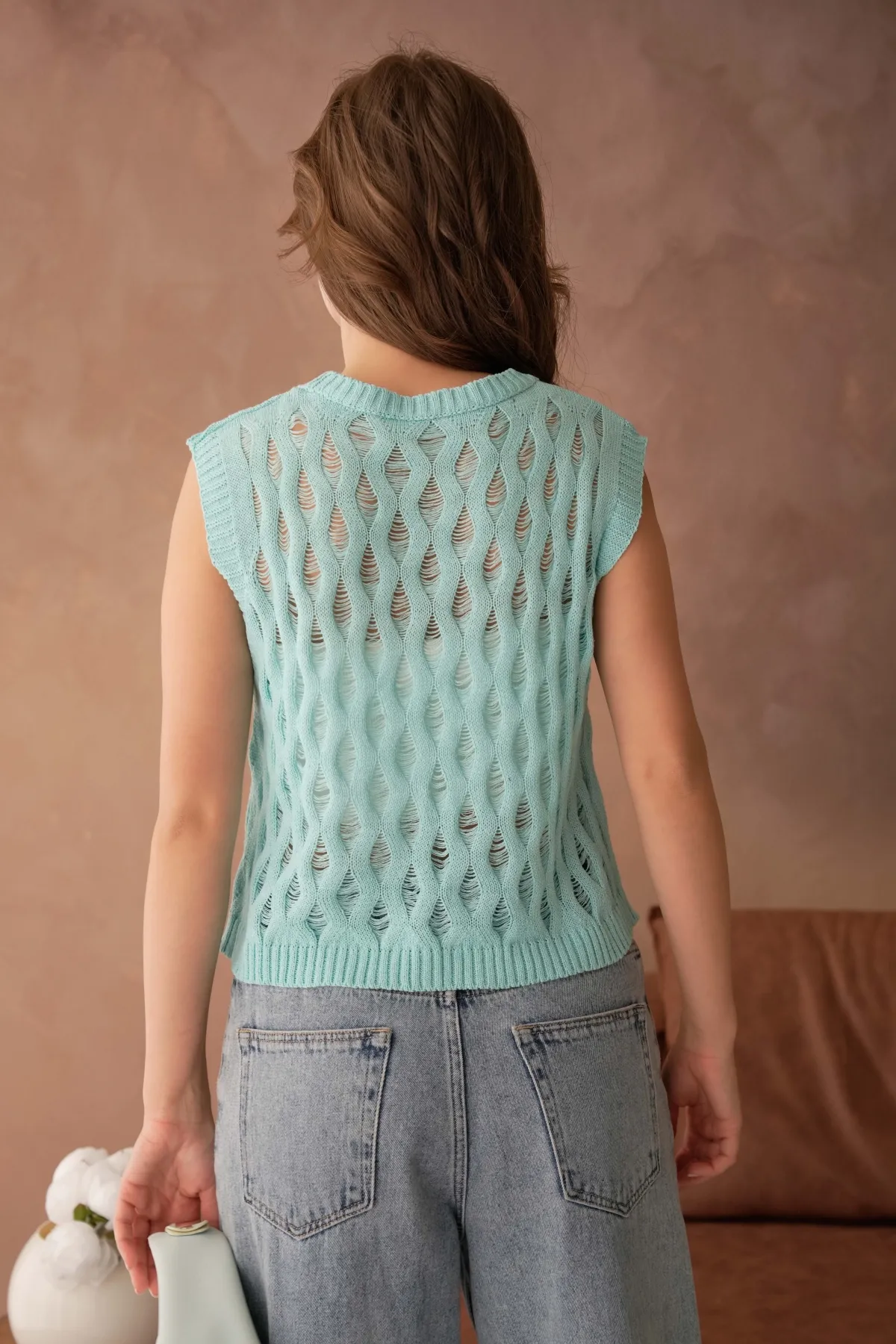 Kadın Bisiklet Yaka Ajurlu Triko Bluz 8257Sw