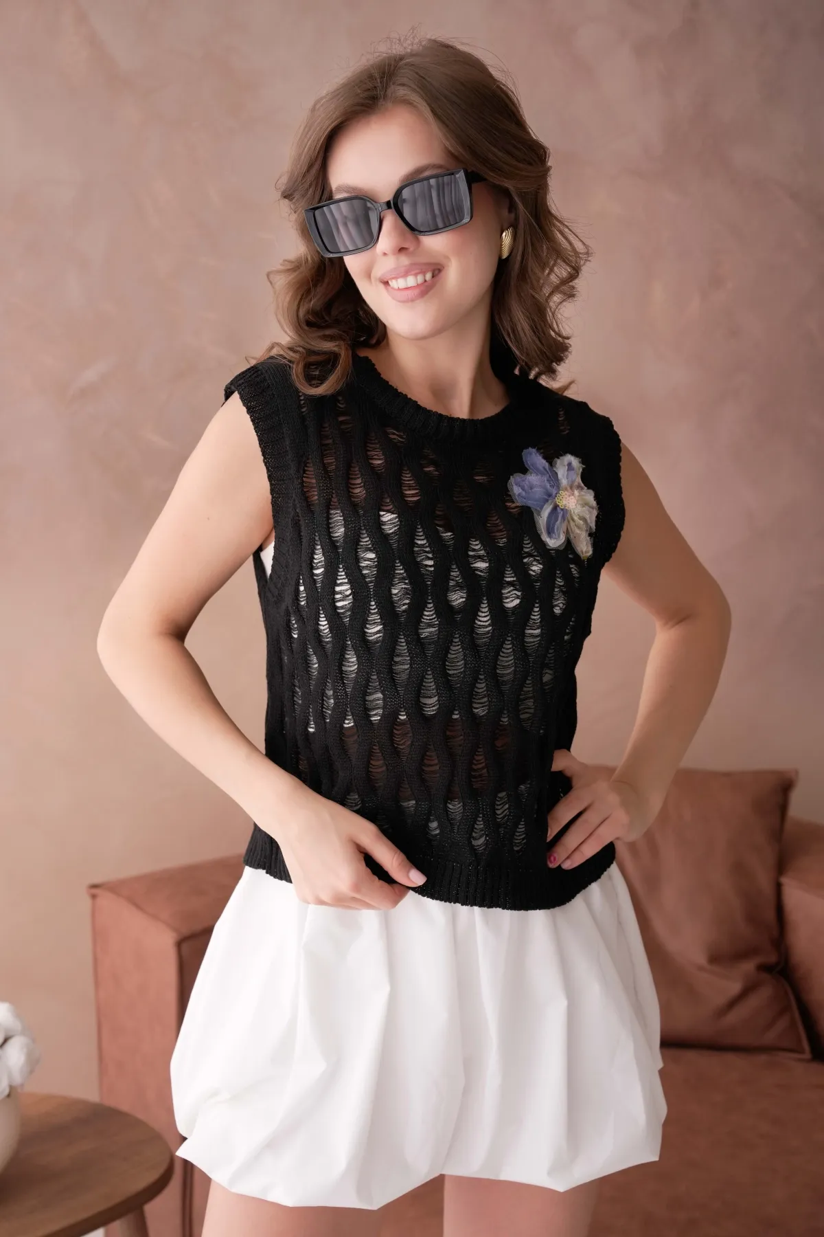 Kadın Bisiklet Yaka Ajurlu Triko Bluz 8257Sw