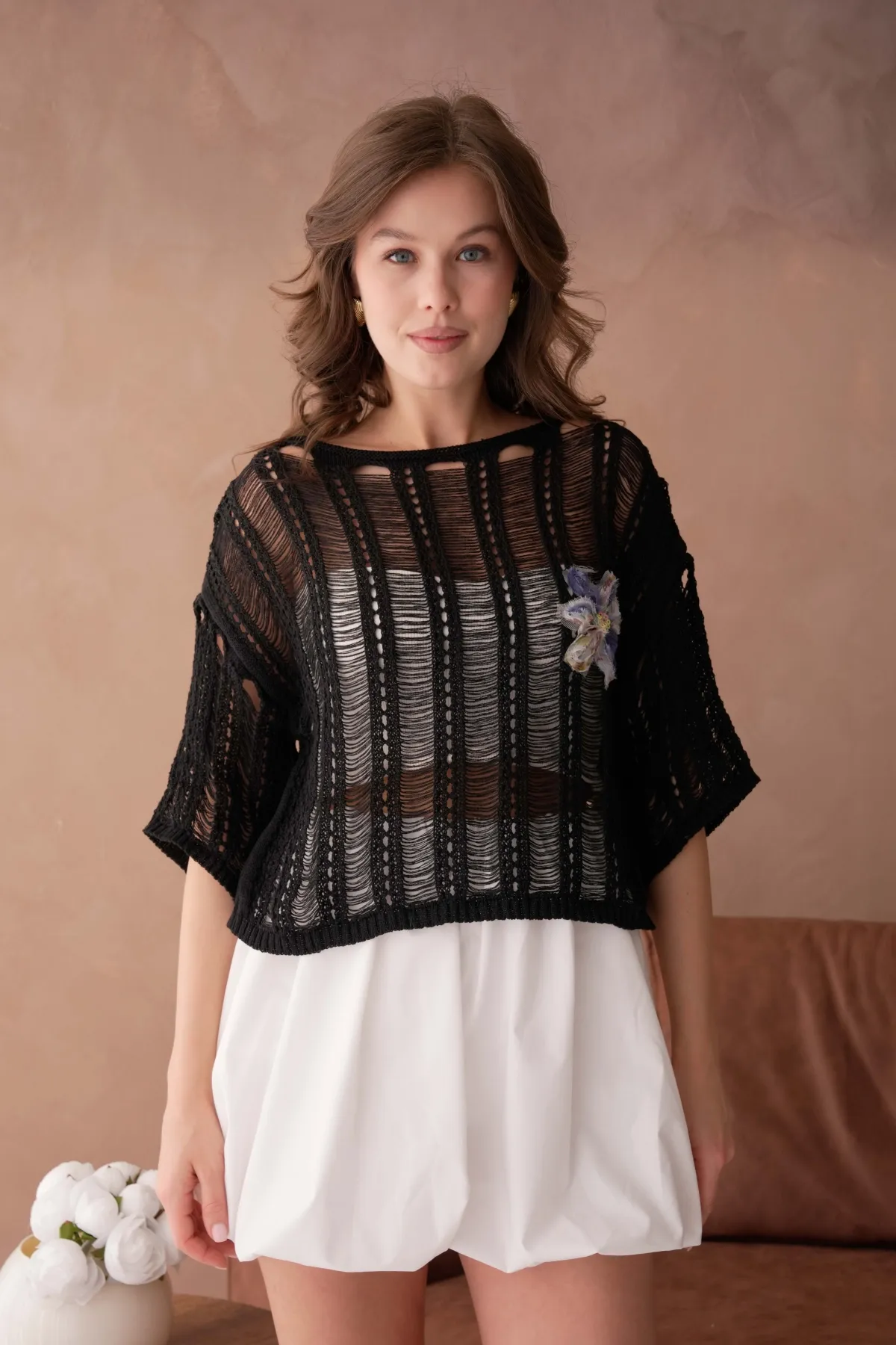 Kadın Geniş yaka Ajurlu Triko Bluz 8287Sw