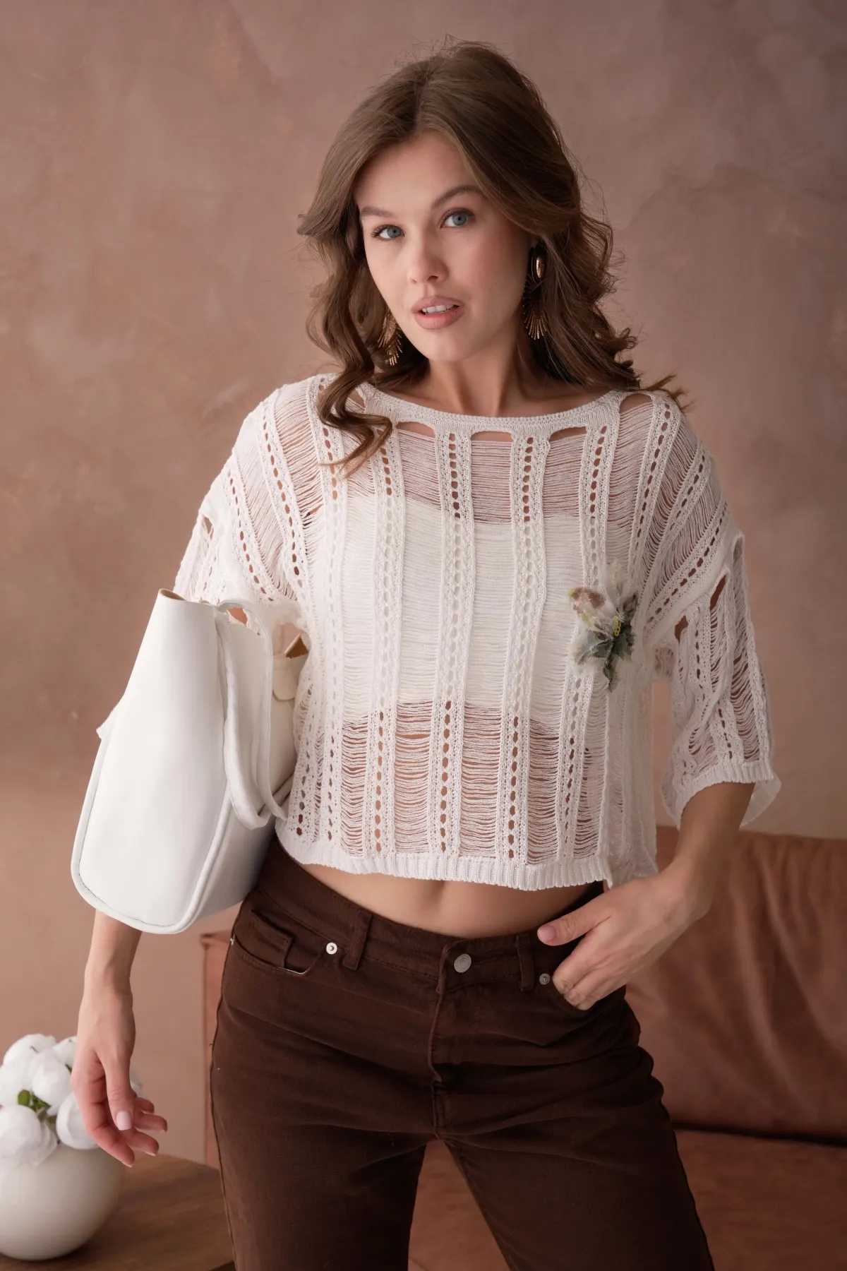 Kadın Geniş yaka Ajurlu Triko Bluz 8287Sw