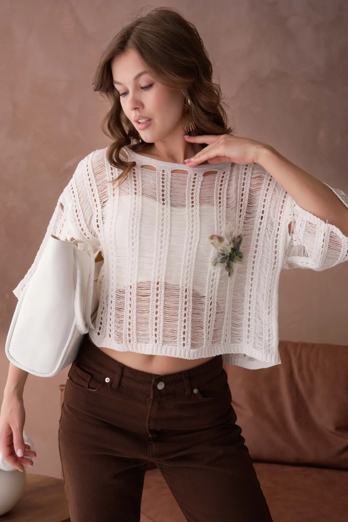 Kadın Geniş yaka Ajurlu Triko Bluz 8287Sw